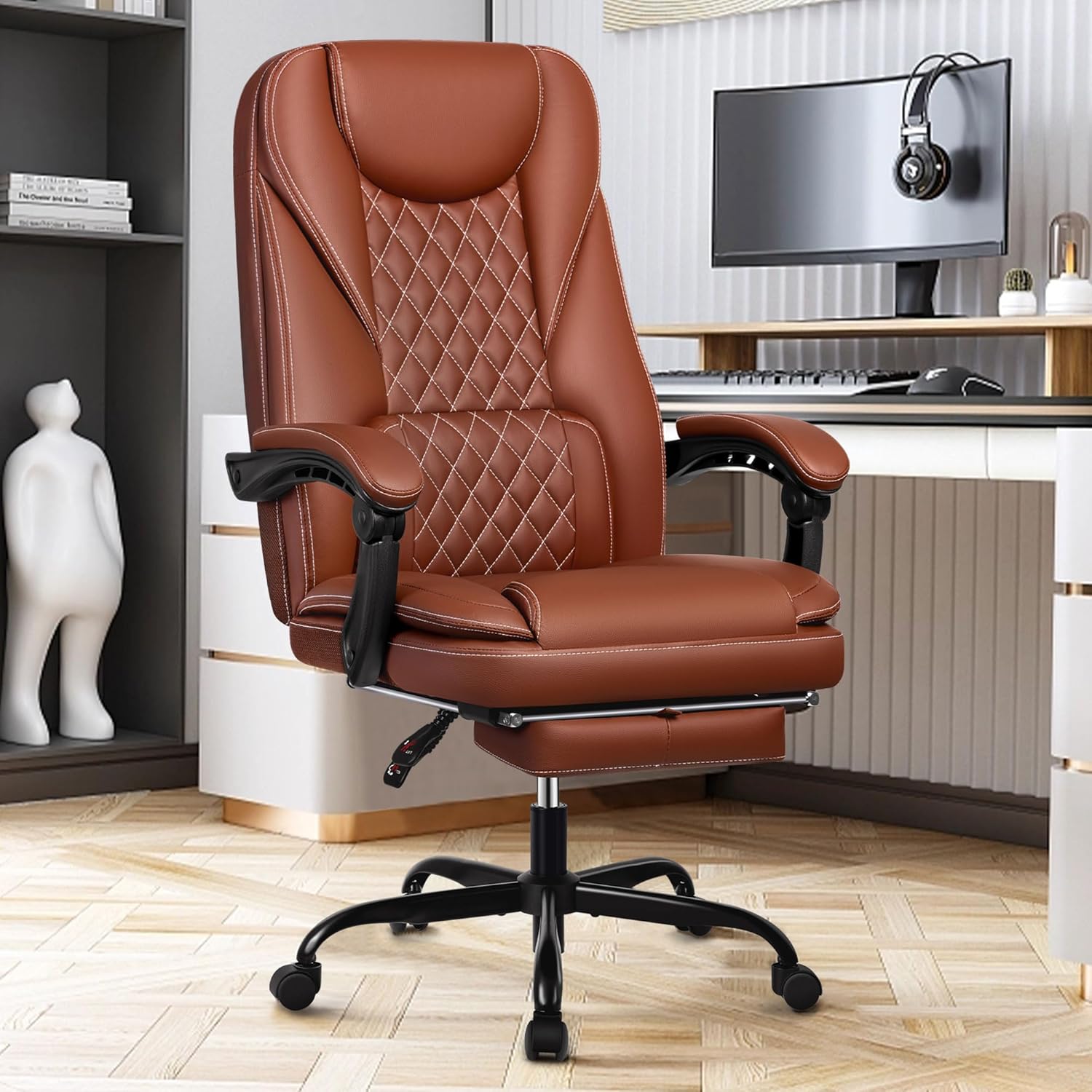 Guessky Silla de oficina ejecutiva, silla de oficina reclinable de cuero grande y alta con reposapiés, respaldo alto, silla de escritorio de oficina