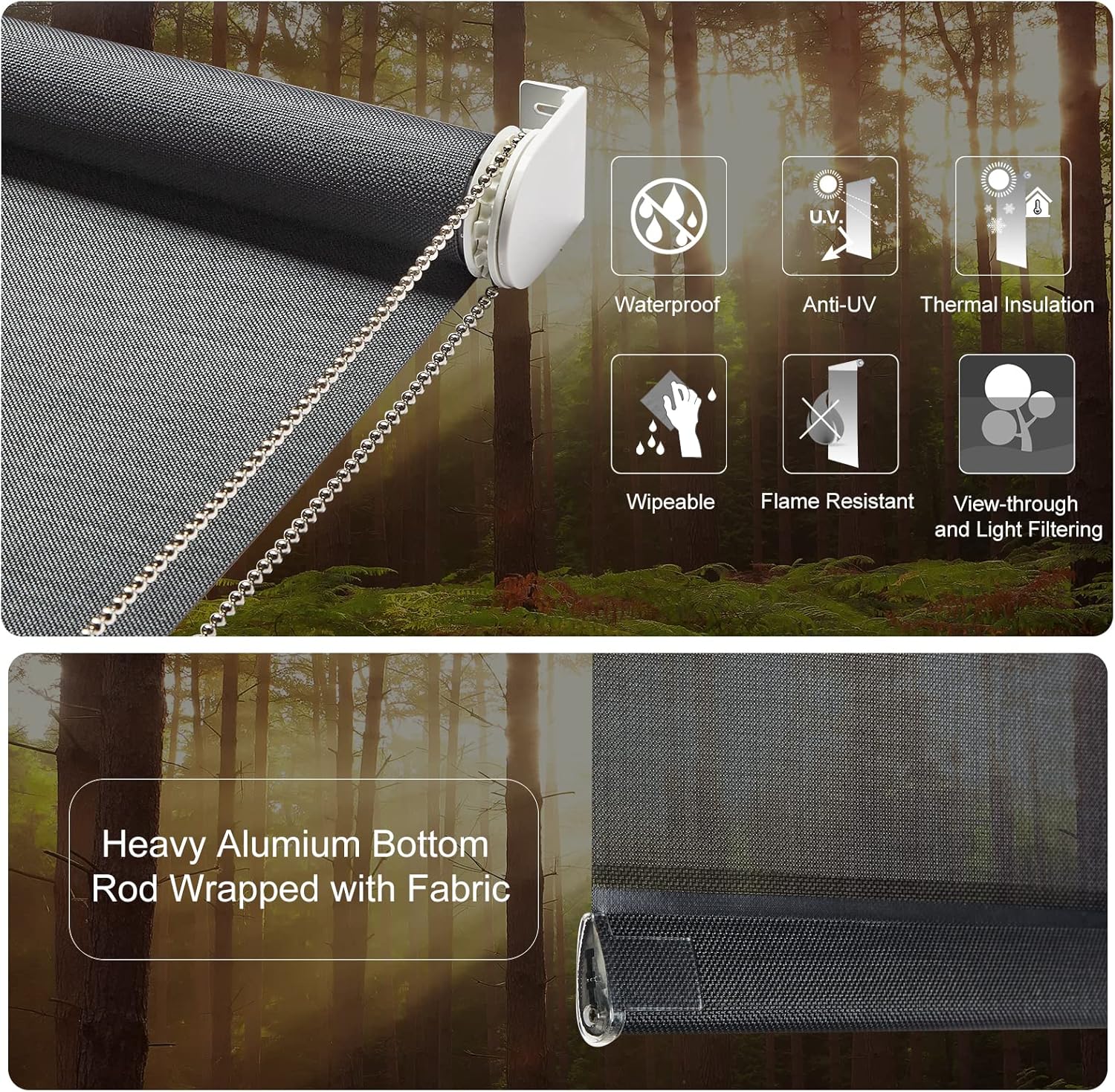 Persilux Persianas solares para ventanas con protección UV (36 pulgadas de ancho x 72 pulgadas de alto, negro) persianas enrollables