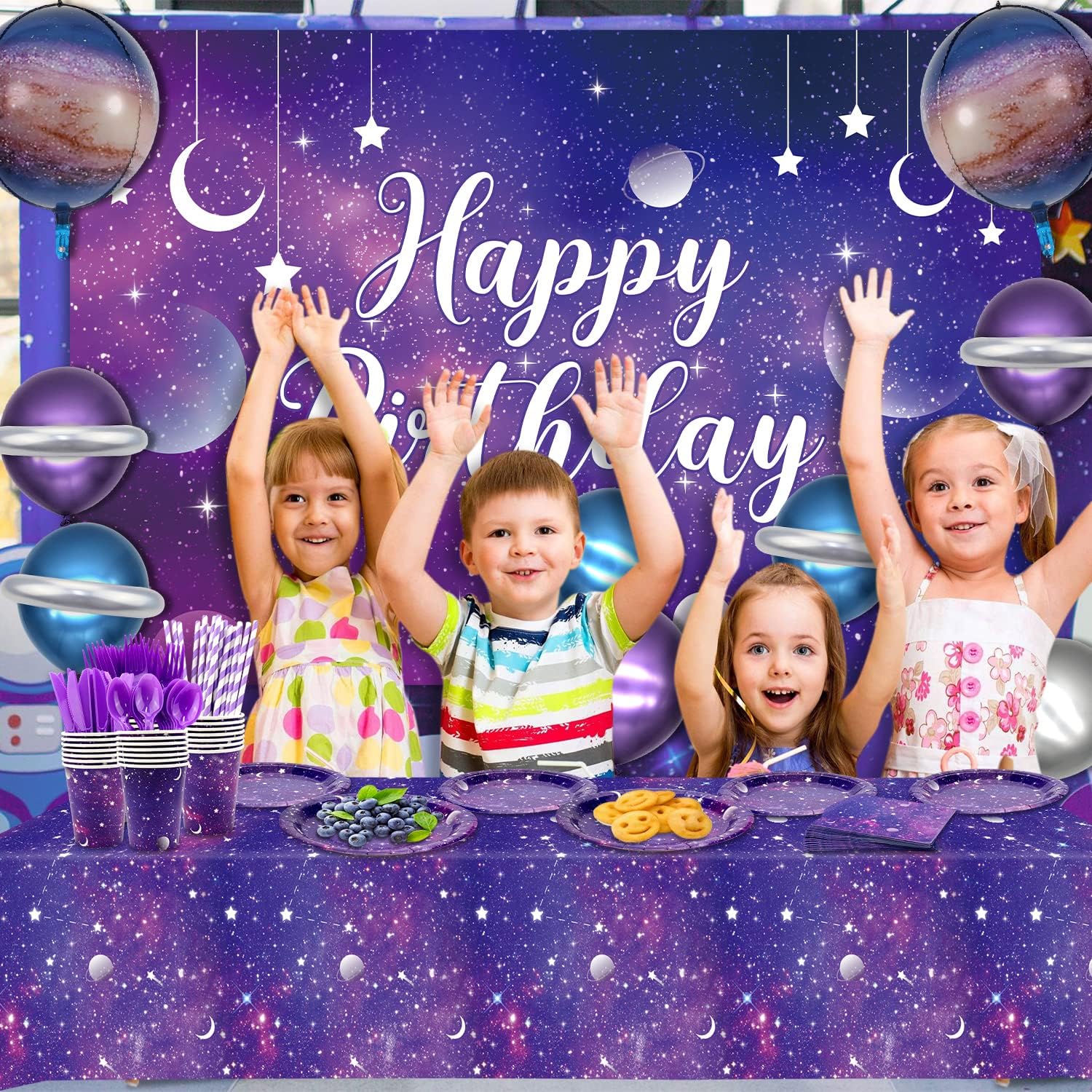 Suministros de fiesta de galaxia, incluye telón de fondo de cumpleaños de galaxia espacial, platos, servilletas, vasos, mantel, globos, globos de
