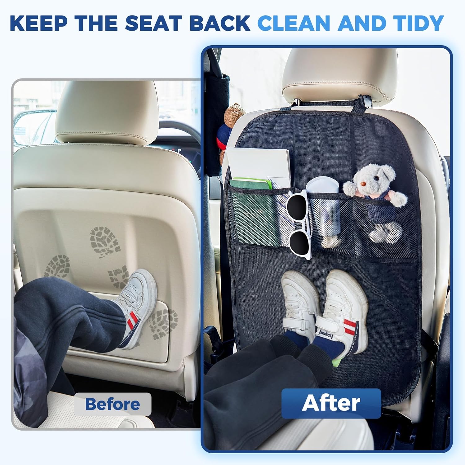 ARANA Paquete de 2 alfombrillas de coche para niños, protector de asiento trasero, impermeable, a prueba de hundimiento, con 3 bolsillos de