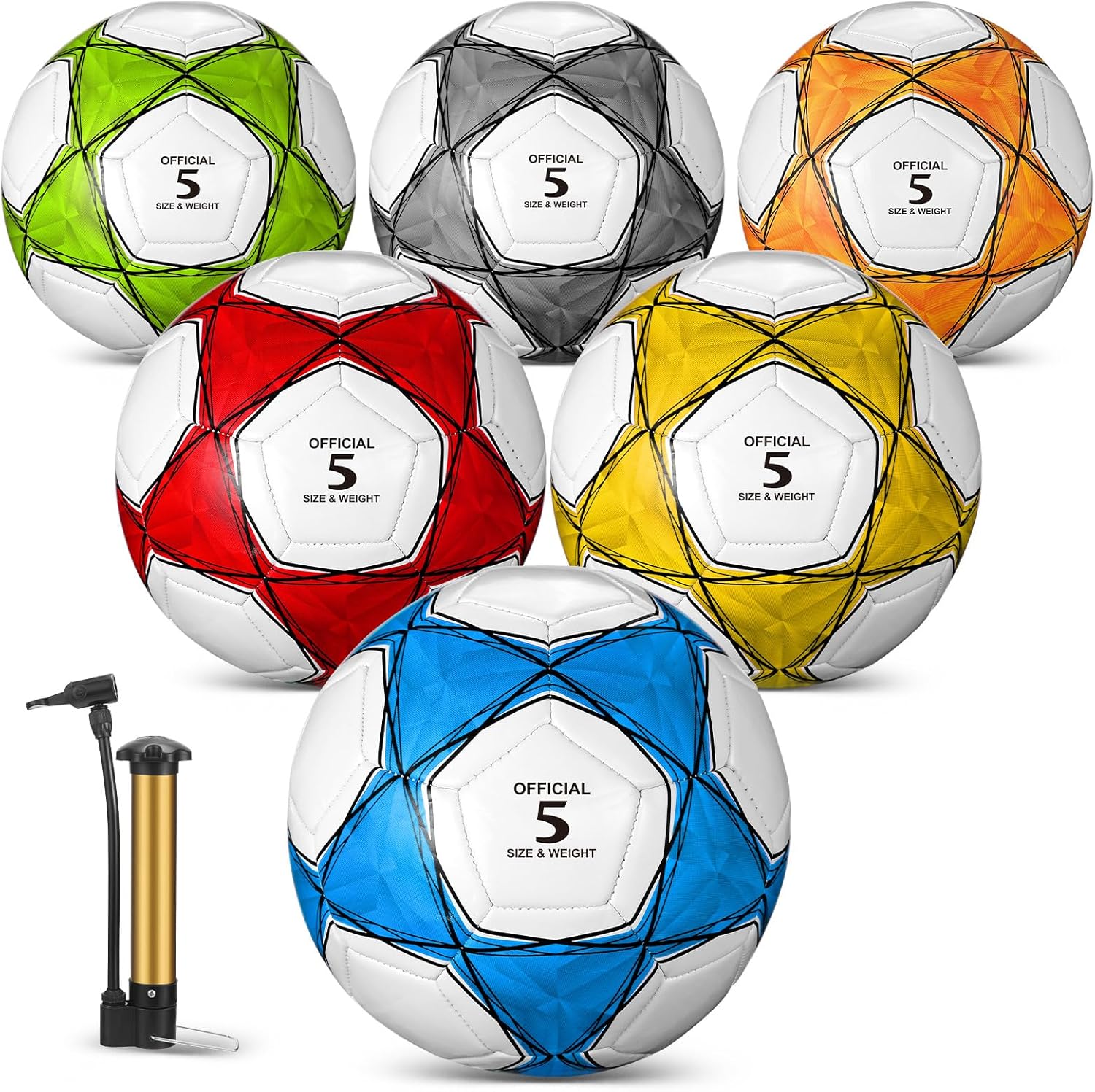 6 pelotas de fútbol a granel con bomba, tamaño oficial 3, tamaño 4, tamaño 5, pelota de fútbol deportiva exterior cosida a máquina para práctica de