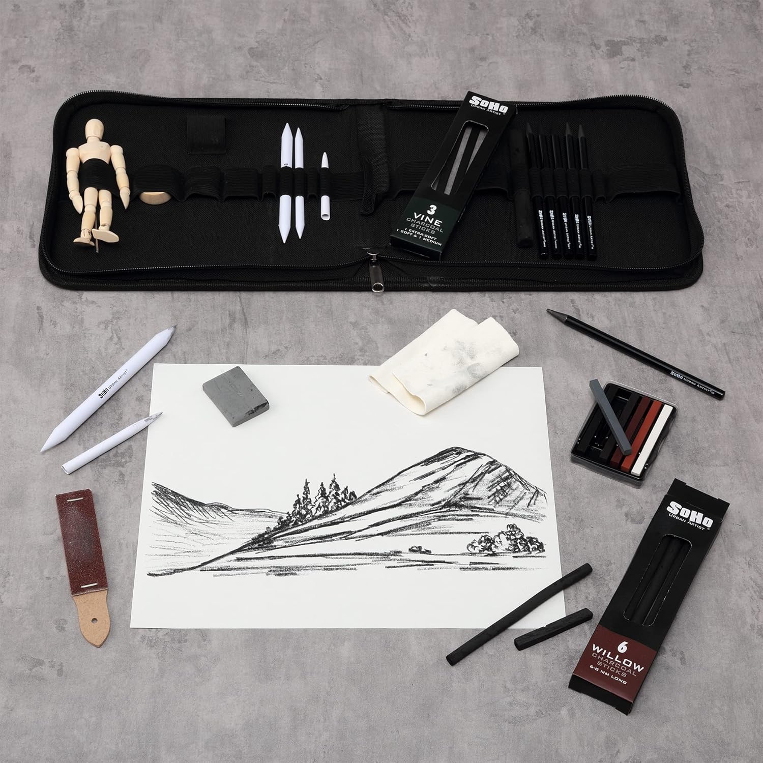 Soho Urban Artist Juego de dibujo de carbón con maniquí en estuche con cremallera, carbón de dibujo para artistas, estudiantes, mezclas, dibujos de