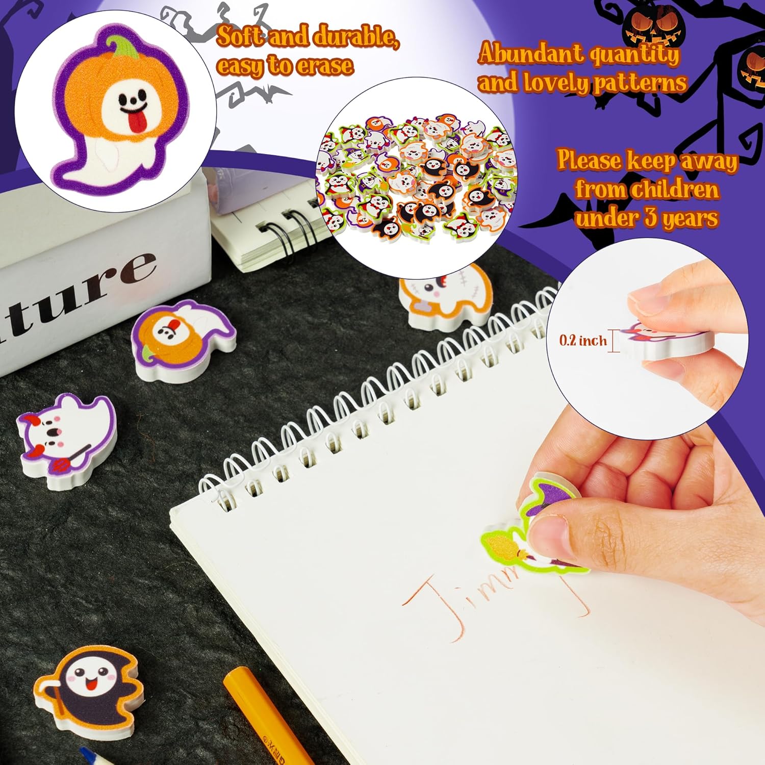 CJiangpo 60 mini borradores de Halloween para niños, a granel, lindo lápiz fantasma, borradores de goma, rompecabezas de escritorio 3D, borradores