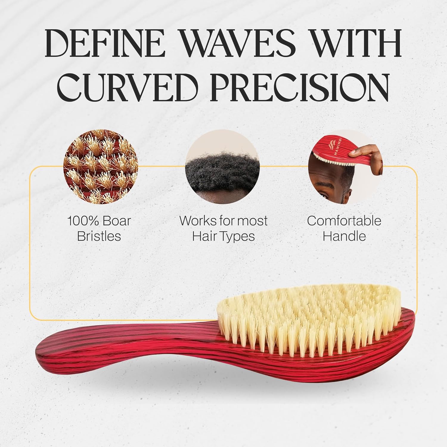 Mawimbi S130 – Cepillo curvo de ondas 360, cepillo de cerdas de jabalí de fuerza media, cepillo versátil para cabello texturizado, semi-grueso, liso