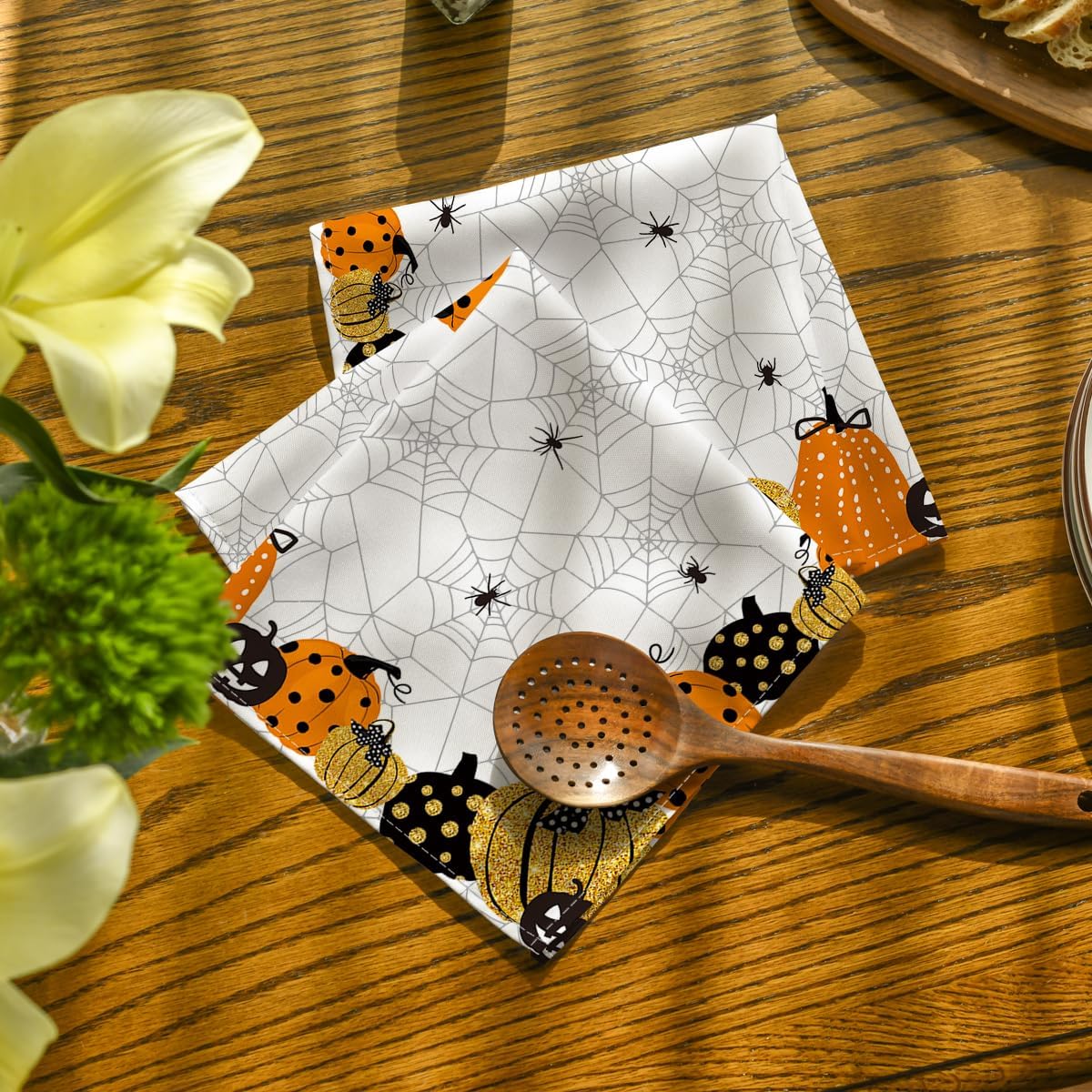 Horaldaily Juego de 4 servilletas de tela de Halloween de 18 x 18 pulgadas, diseño de calabaza y calabaza con temática de miedo, decoración de