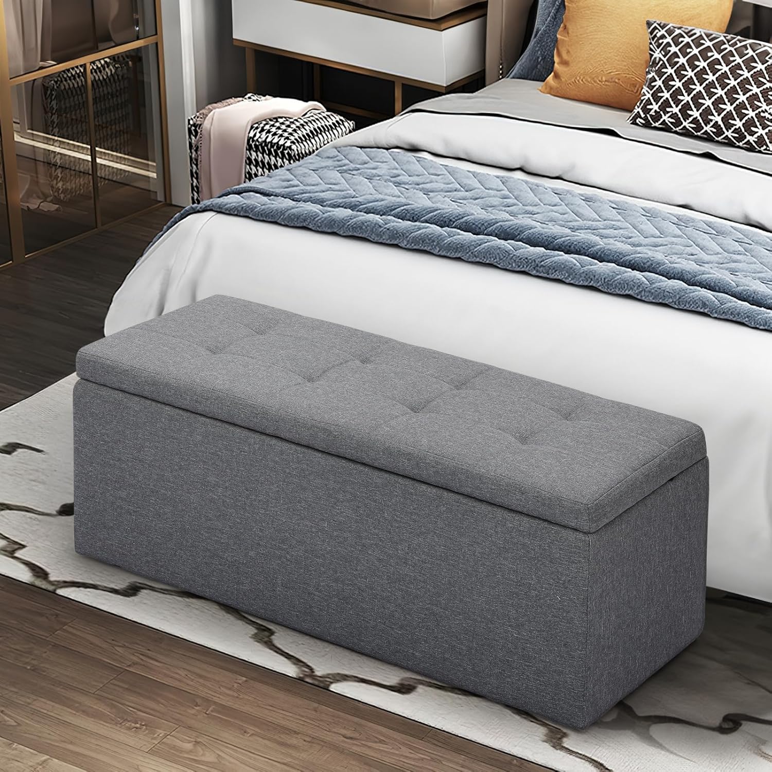 Magshion Banco otomano rectangular de almacenamiento, reposapiés copetudo con otomanas cubo, juego de 3 bancos para dormitorio, extremo de cama,