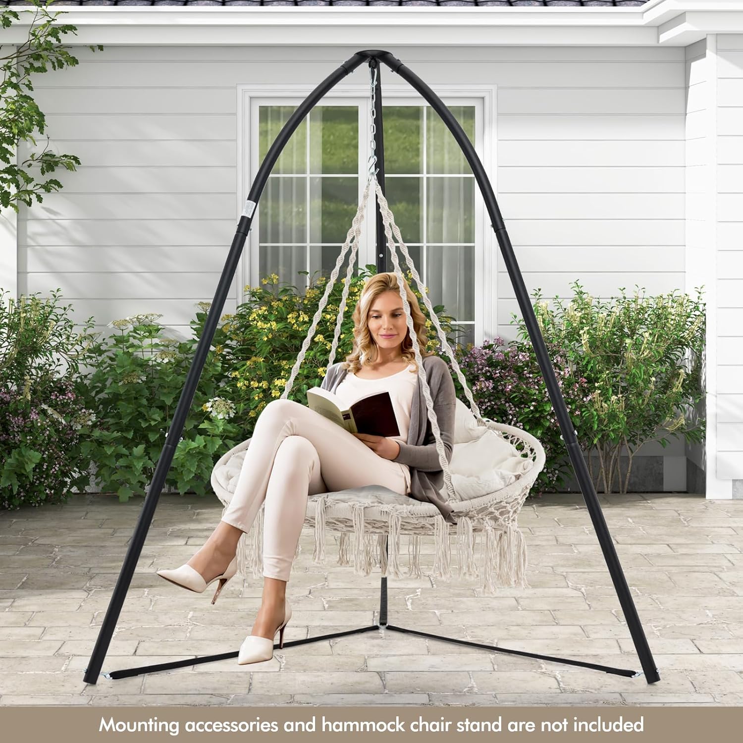 Tangkula 2-Person Hanging Hammock Chair, Boho Style Macrame Hammock Swing with Soft Cushions, Tassels, Indoor Outdoor Cotton Rope Hanging Swing