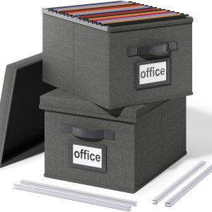 Huolewa Juego de 2 cajas organizadoras de archivos mejoradas, cajas de archivos con tapas, cajas organizadoras de archivos colgantes de lino para Huolewa Juego de 2 cajas organizadoras de archivos mejoradas, cajas de archivos con tapas, cajas organizadoras de archivos colgantes de lino para