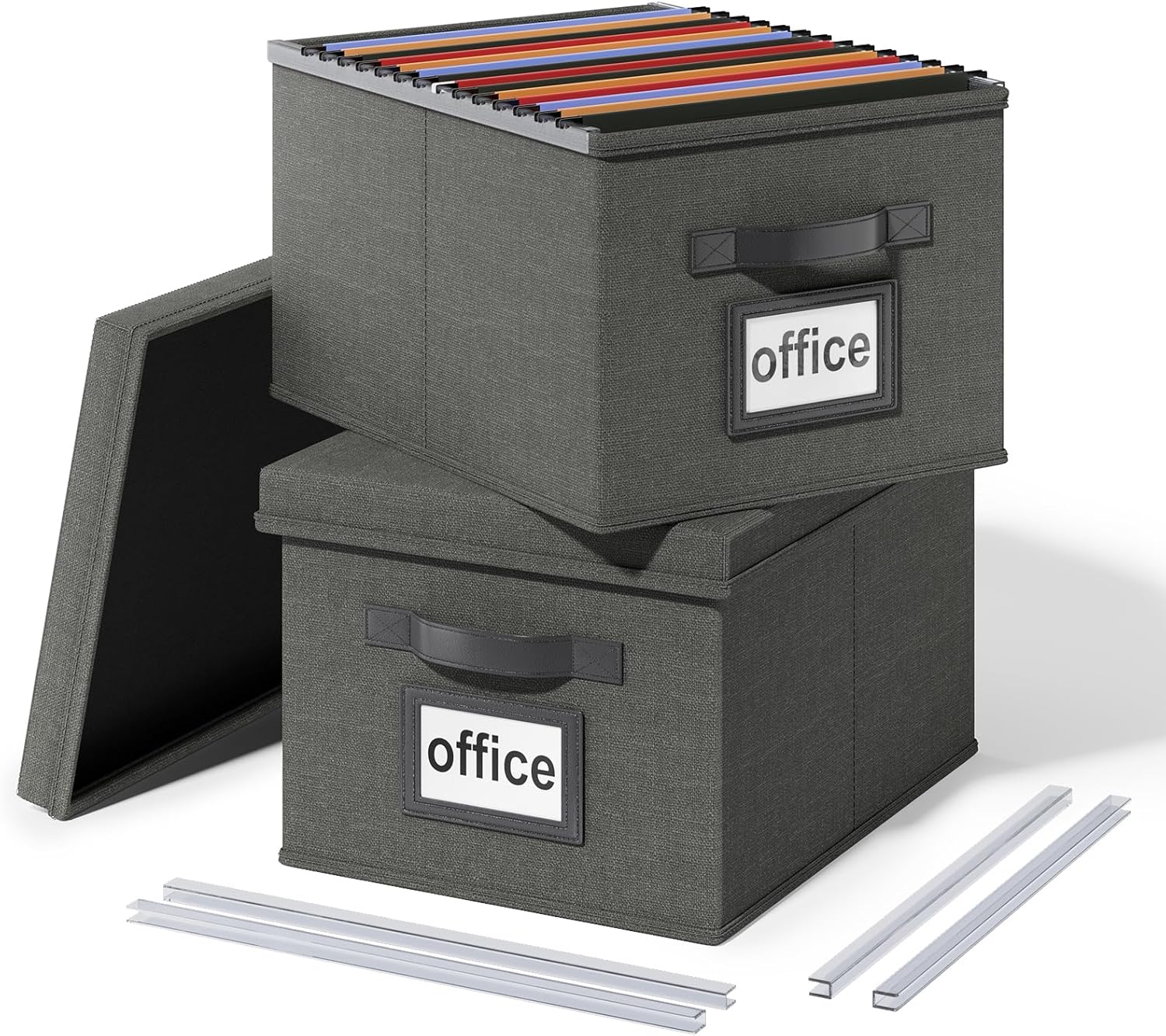 Huolewa Juego de 2 cajas organizadoras de archivos mejoradas, cajas de archivos con tapas, cajas organizadoras de archivos colgantes de lino para