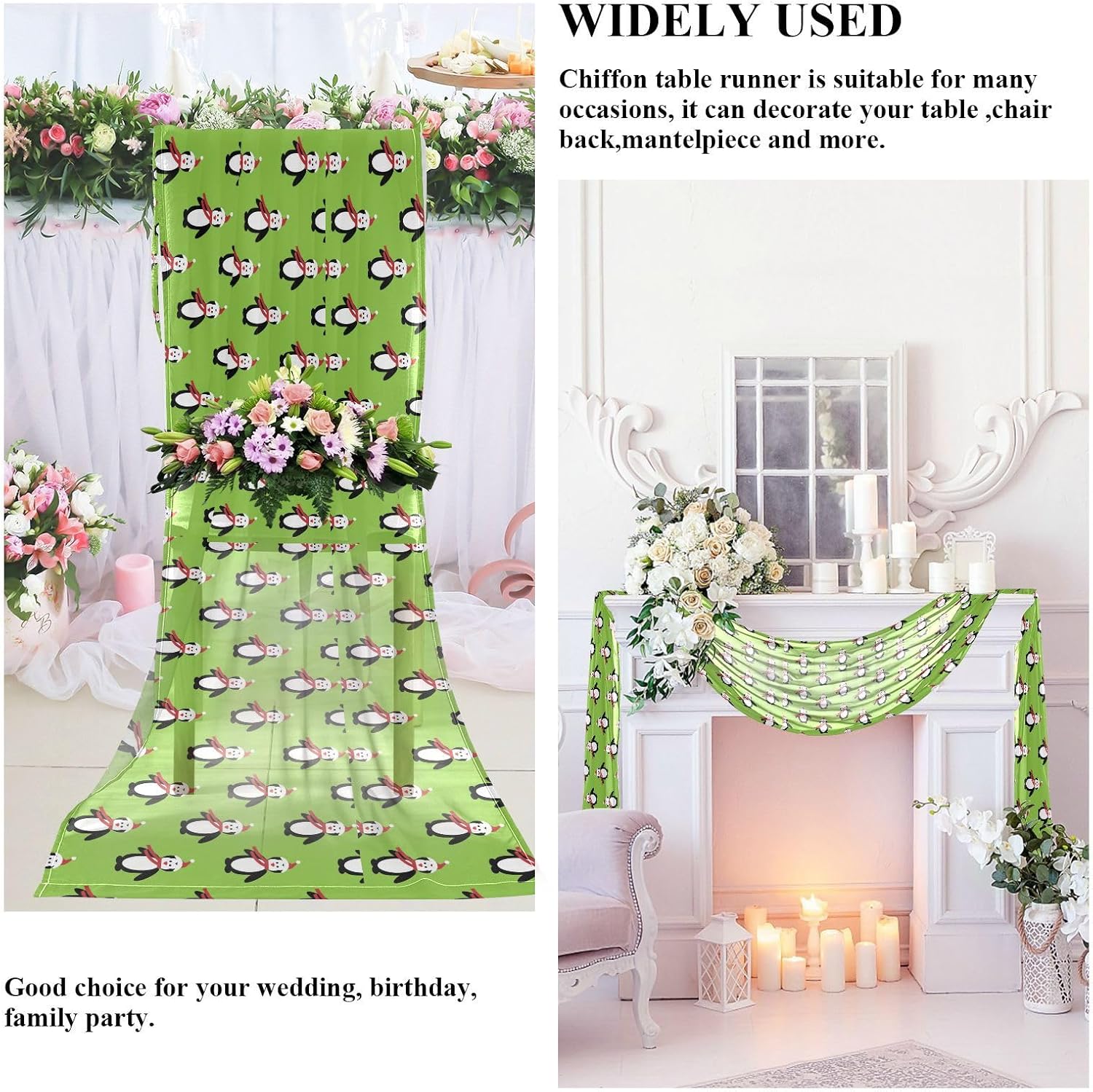 Camino de mesa de otoño verde de pingüino navideño para decoración de mesa de comedor, camino de mesa de Navidad, 108 pulgadas de largo
