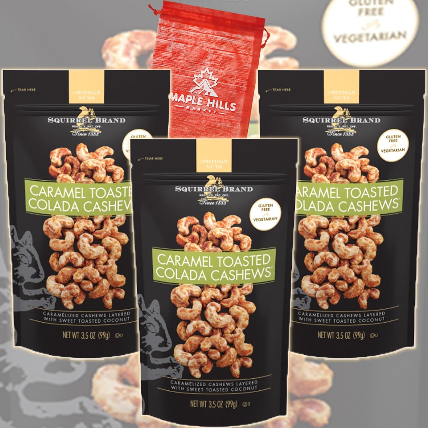 Squirrel Brand Nuts – Paquete de 3 bolsas selladas individualmente de anacardos de colada tostados de caramelo de la marca Squirrel – Sin gluten,