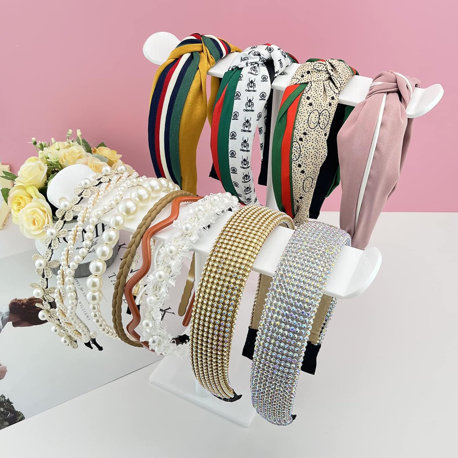 Bigfety Soporte para diadema, soporte organizador de diadema acrílica, almacenamiento de accesorios para el cabello (2 niveles y 2 paneles)