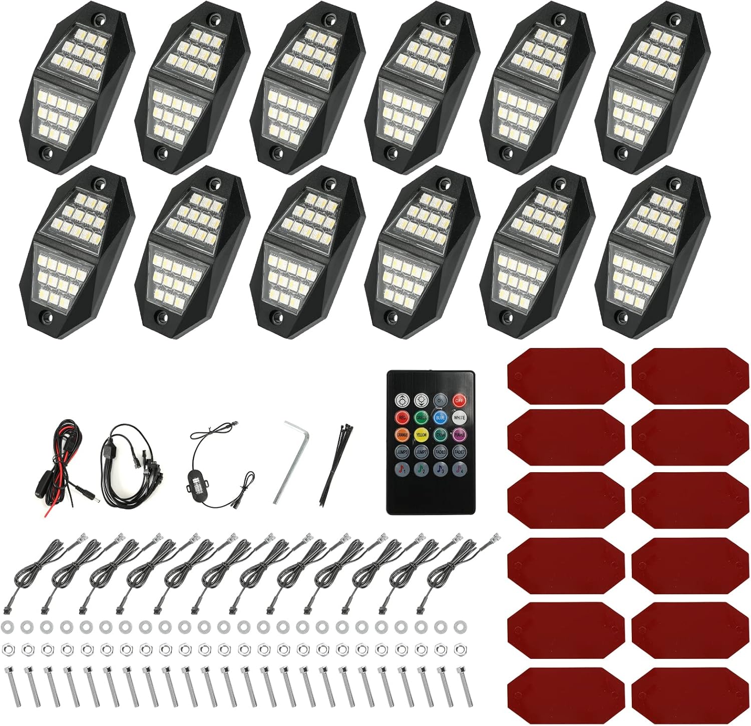 Winunite 12 módulos de luces LED RGB de roca 24 LED de 210 grados de gran angular, modo de música impermeable, 29 colores cambiantes, modo de voz,