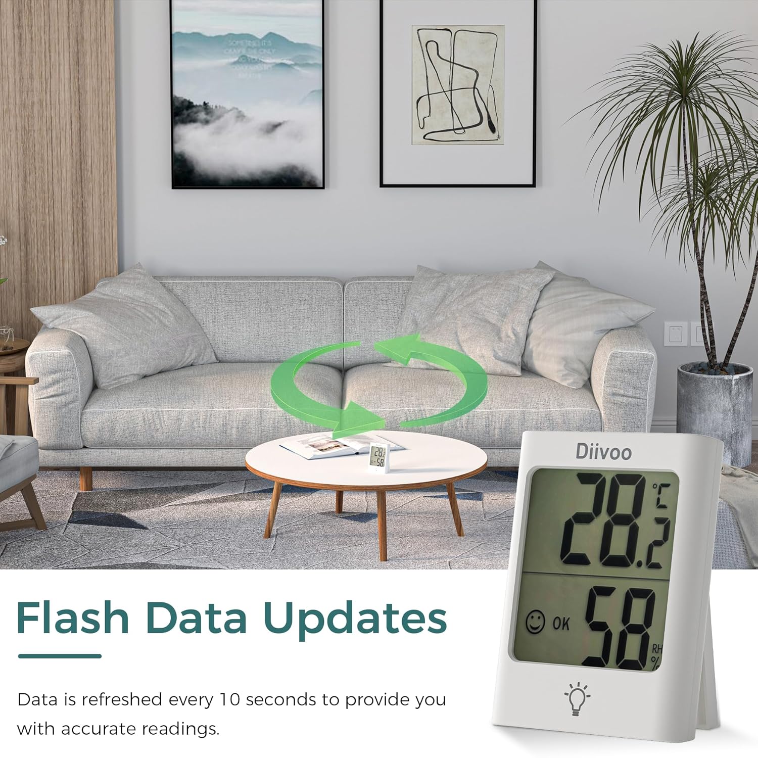 Termómetro interior para el hogar, sensor de humedad de temperatura Diivoo con pantalla de luz LCD, termómetro higrómetro con actualización rápida