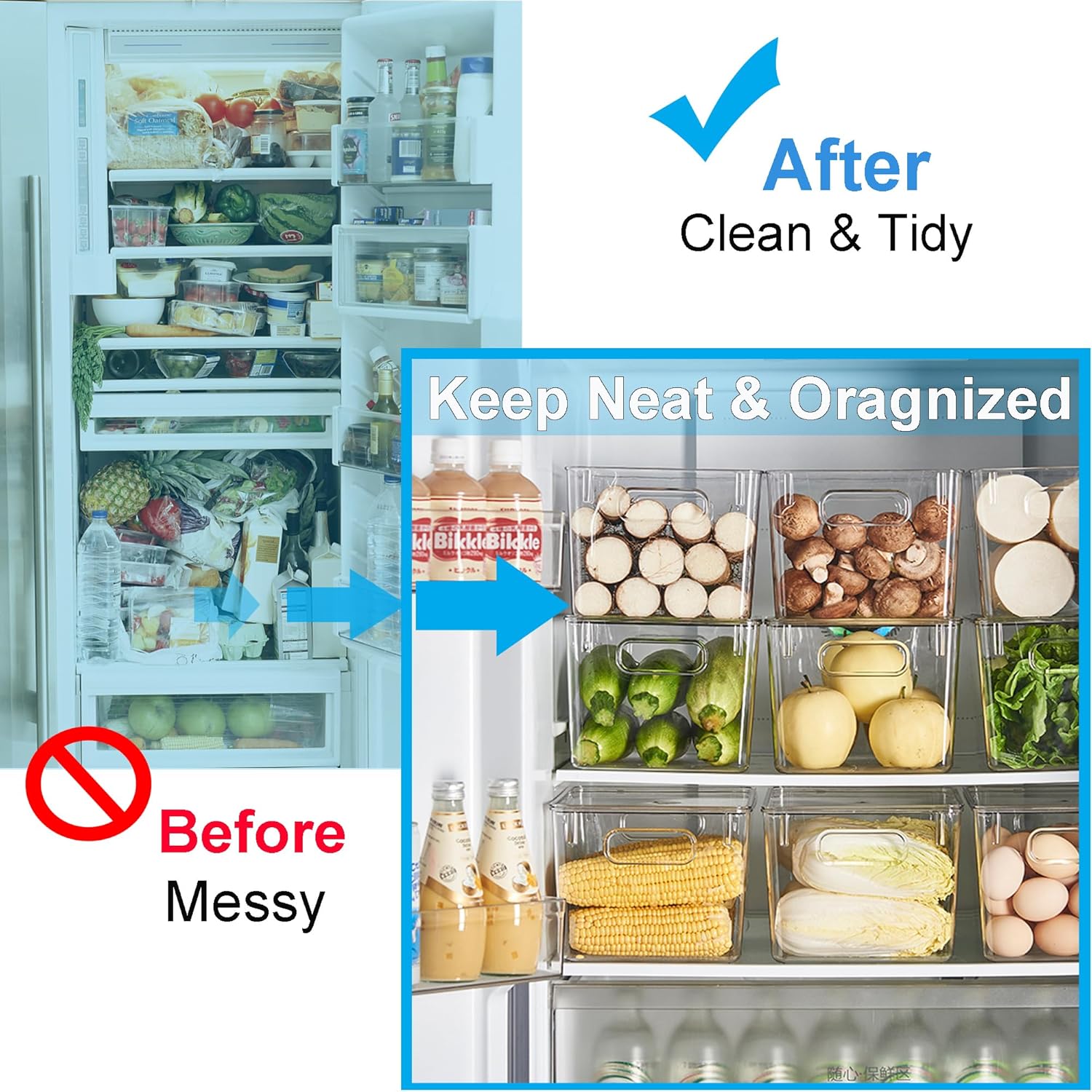 Paquete de 8 cubos organizadores de refrigerador, contenedores de almacenamiento de plástico transparente con asas, organización de despensa y