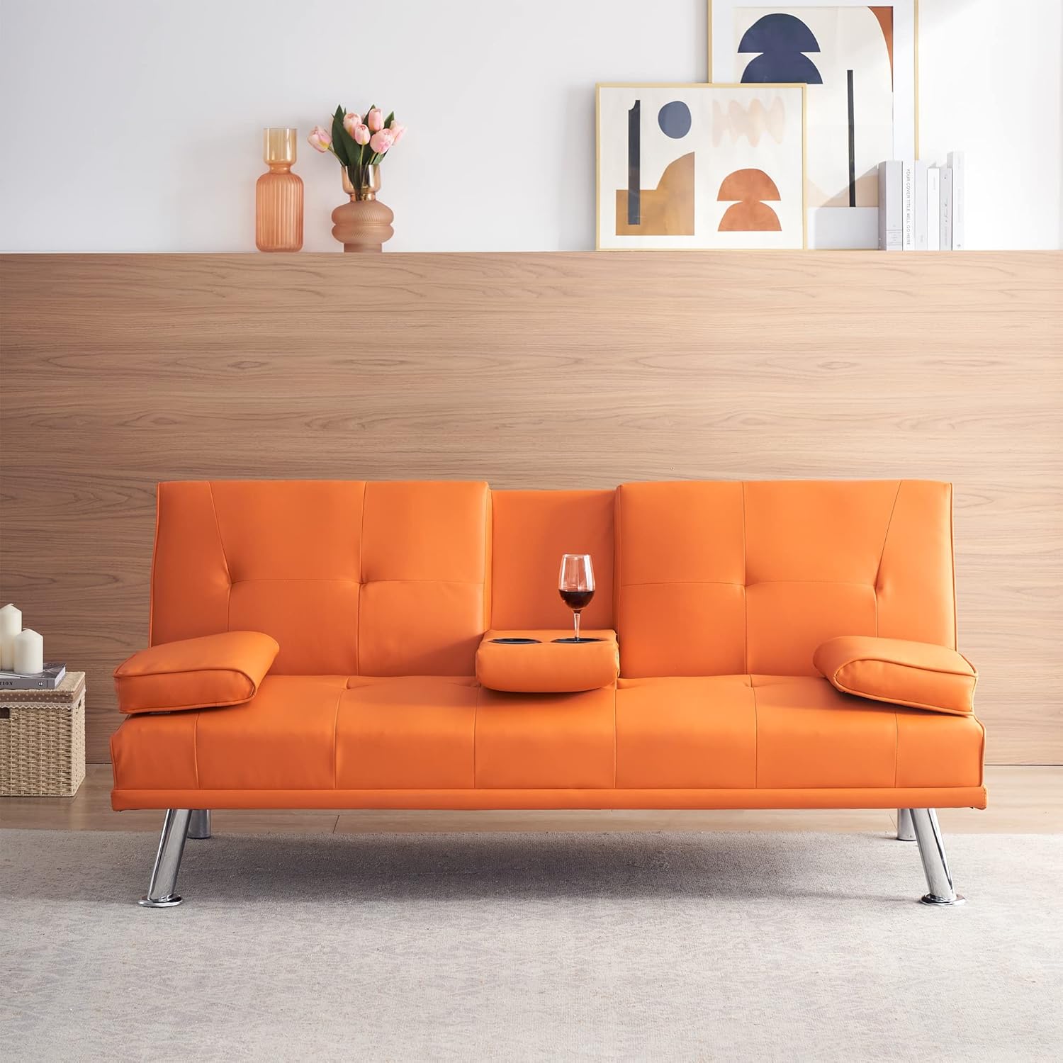 Sofá cama plegable doble multifuncional de 67 pulgadas con 2 portavasos, sofá biplaza de cuero con reposabrazos extraíbles, sofá cama plegable