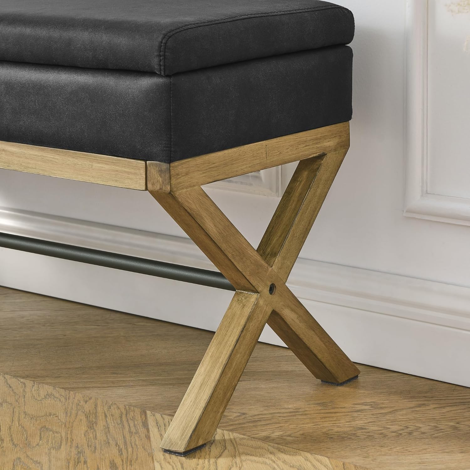 Otomanas de almacenamiento acolchadas, taburete de dormitorio, taburete de cama tejido con patas de madera cruzadas, adecuado para sala de estar y