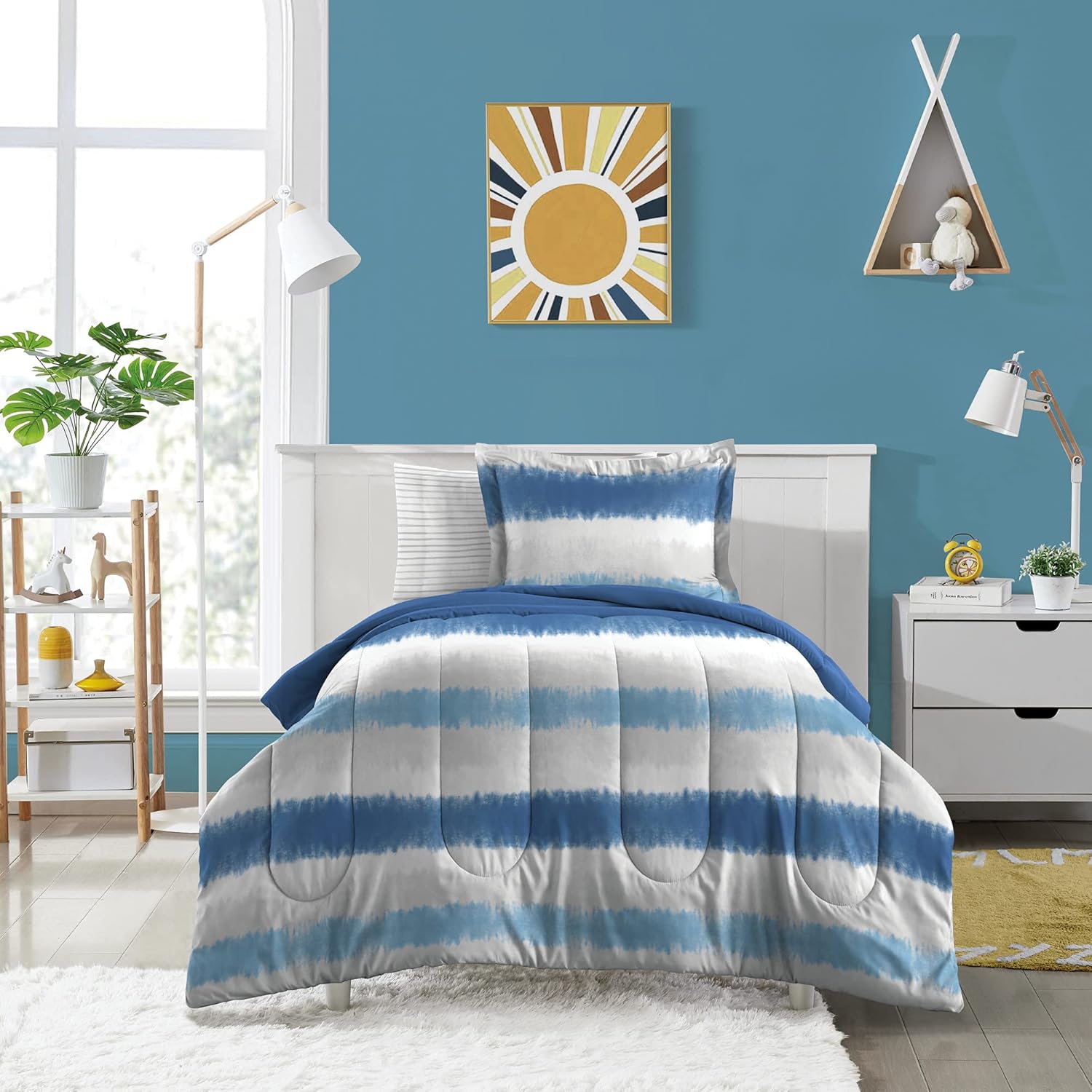 dream FACTORY Juego completo de ropa de cama infantil de 7 piezas fácil de lavar de microfibra súper suave, tamaño matrimonial, rayas azules de