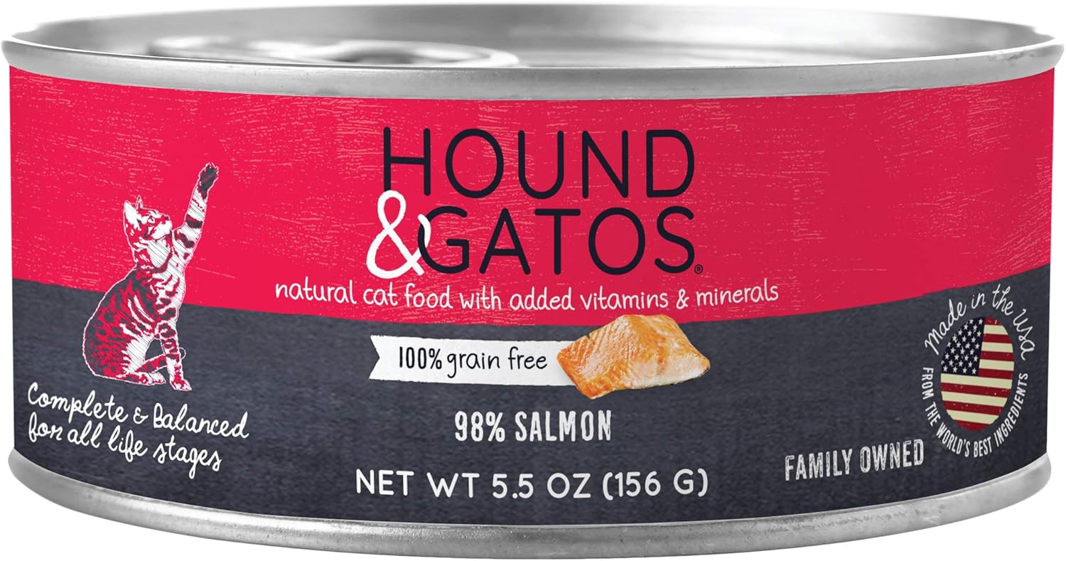 Hound & Gatos Alimento húmedo para gatos, 98% salmón, caja de 24, latas de 5.5 onzas