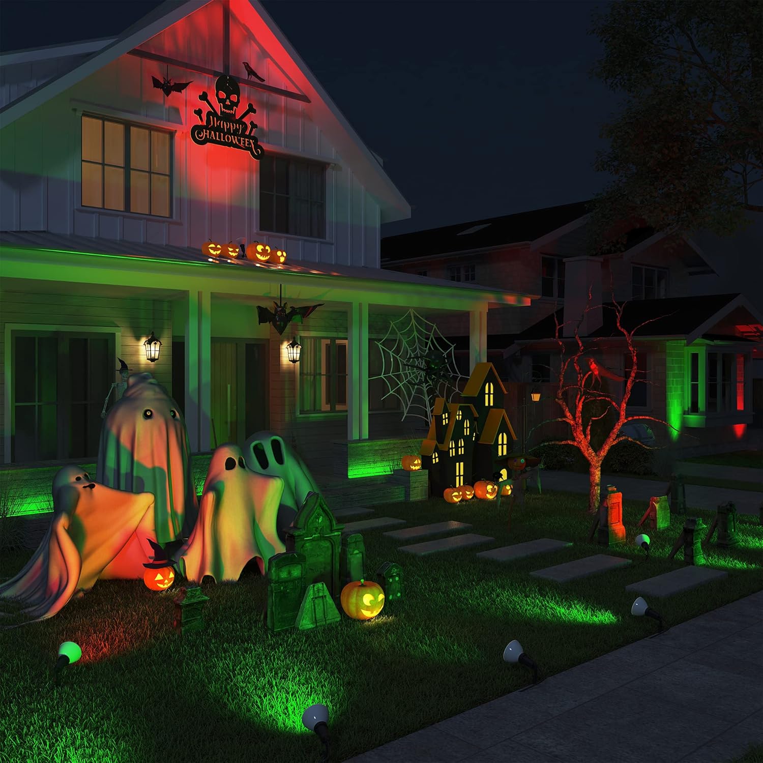 EDISHINE Paquete de 2 focos de Halloween para exteriores y 2 bombillas de inundación para exteriores