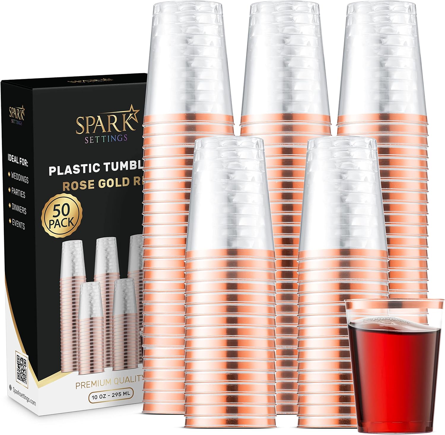 Vasos de plástico color oro rosa desechables, paquete de 50 vasos de fiesta transparentes de 10 onzas, vasos de vino de plástico resistentes para