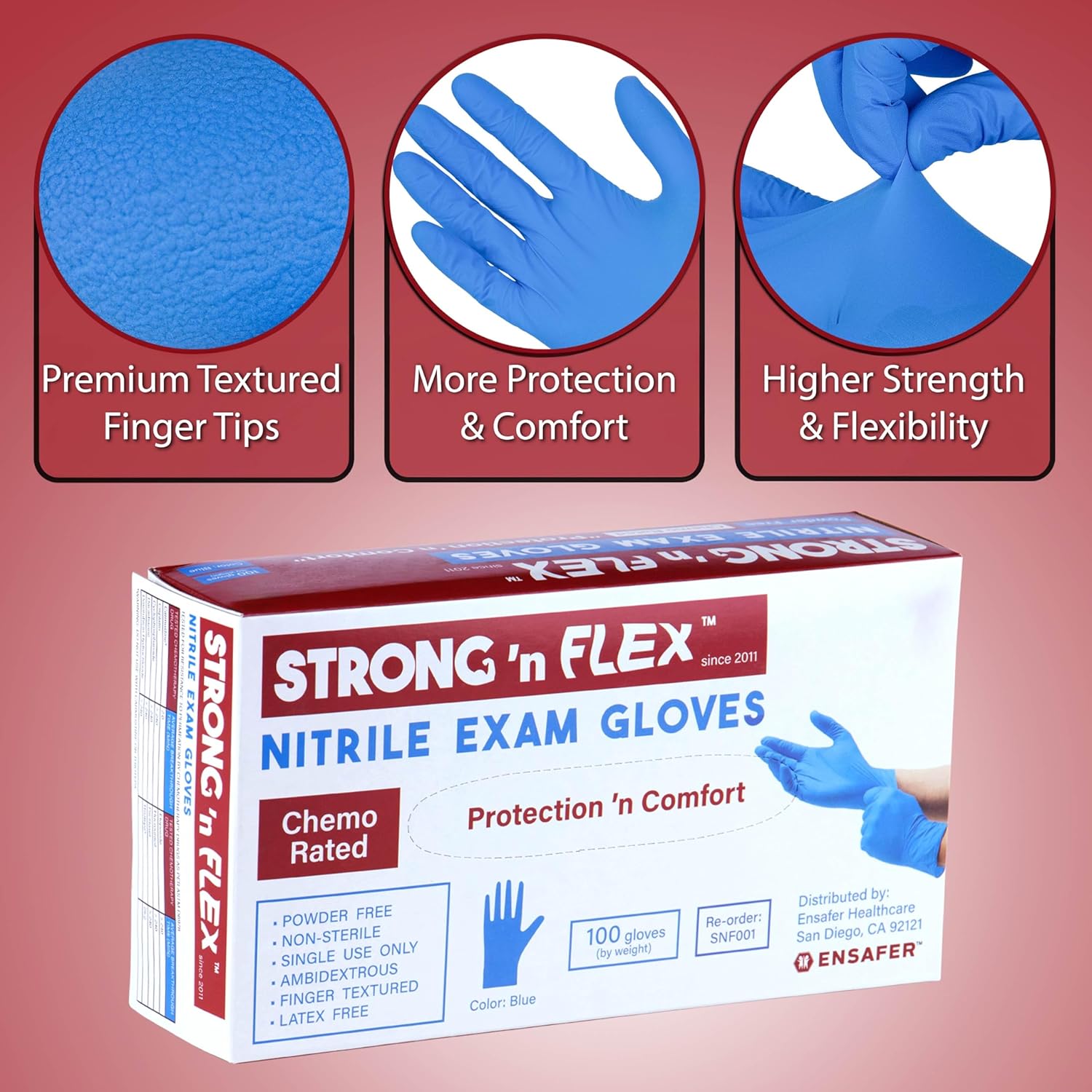 STRONG ‘n FLEX Guantes de examen de nitrilo de alta calidad, sin polvo, quimioratados, 4.5 mil, mayor protección y comodidad, multiusos, 100caja