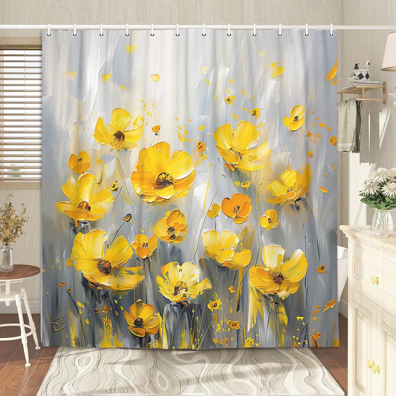 Cortina de ducha retro rústica con flores amarillas, pintura al óleo amarilla, hojas grises y florales, cortina de ducha para baño, 12 ganchos, 70 x