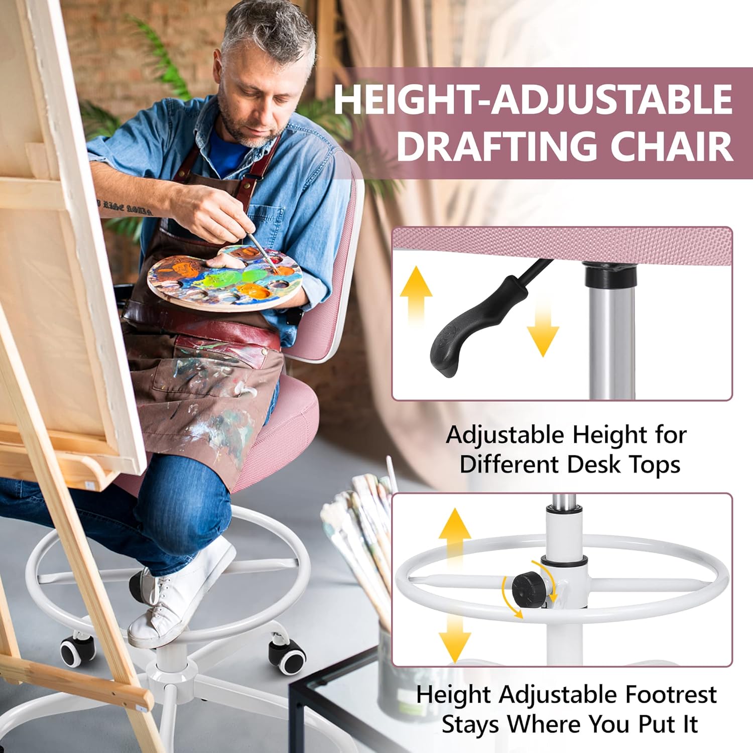 Primy Silla de dibujo de oficina sin brazos, silla alta de escritorio de oficina de altura ajustable y reposapiés, silla ergonómica de escritorio de
