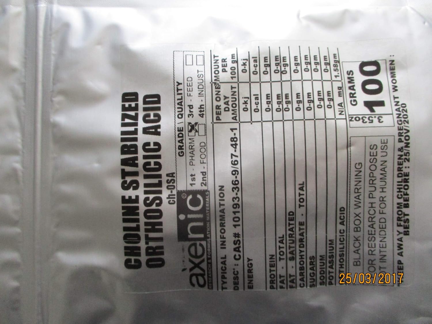 3.53 oz de ácido ortosilícico estabilizado en colina en polvo (silicio orgánico)