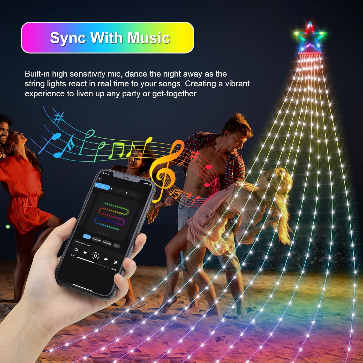 Luces inteligentes de estrella de música de Navidad, 16.4 pies, 330 LED RGB, 9 tiras de luces de Navidad para interiores, cambio de color