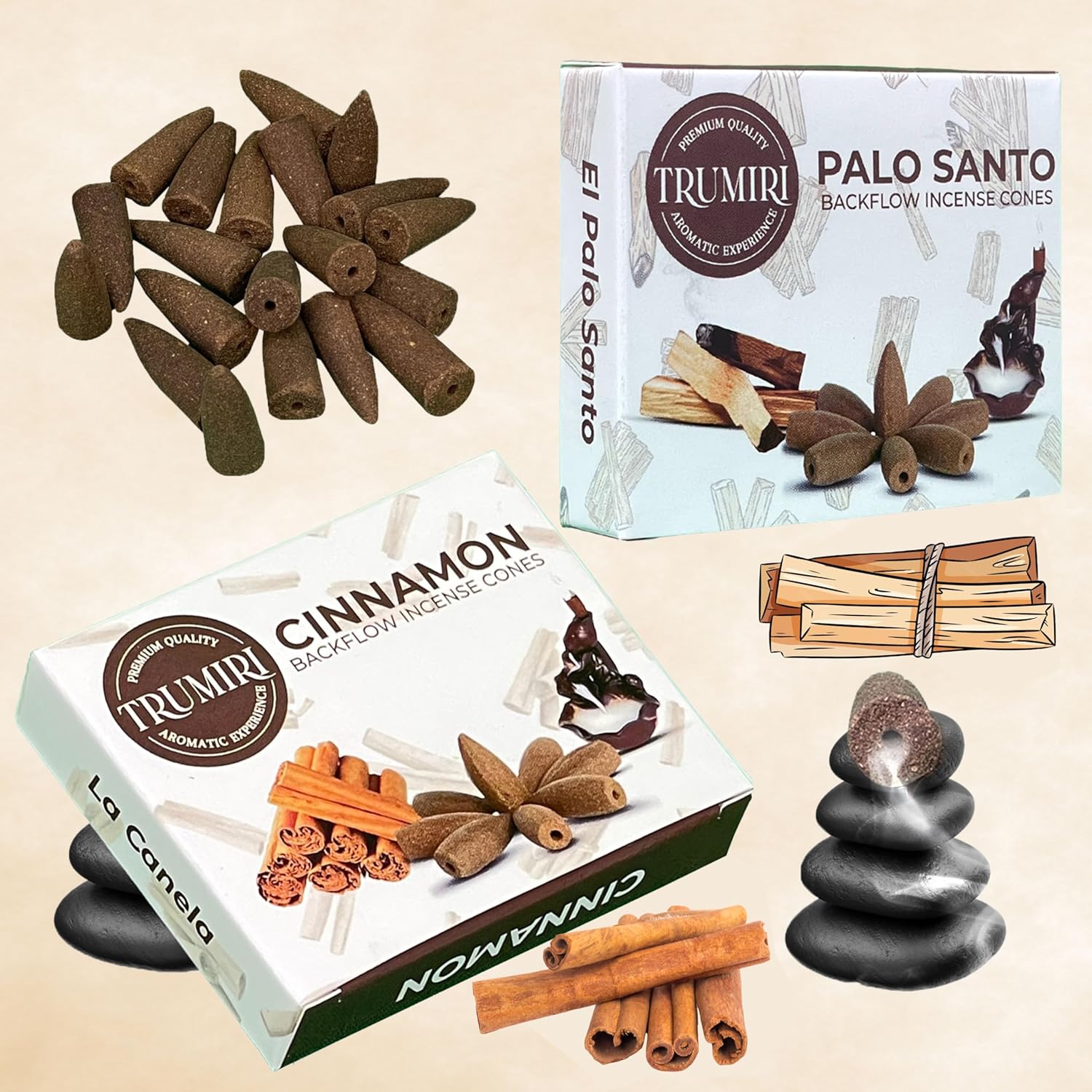 Conos de incienso de reflujo  Paquete combinado de 20 conos de incienso en cascada  10 Palo Santo + 10 canelas  Conos de incienso  Conos de incienso