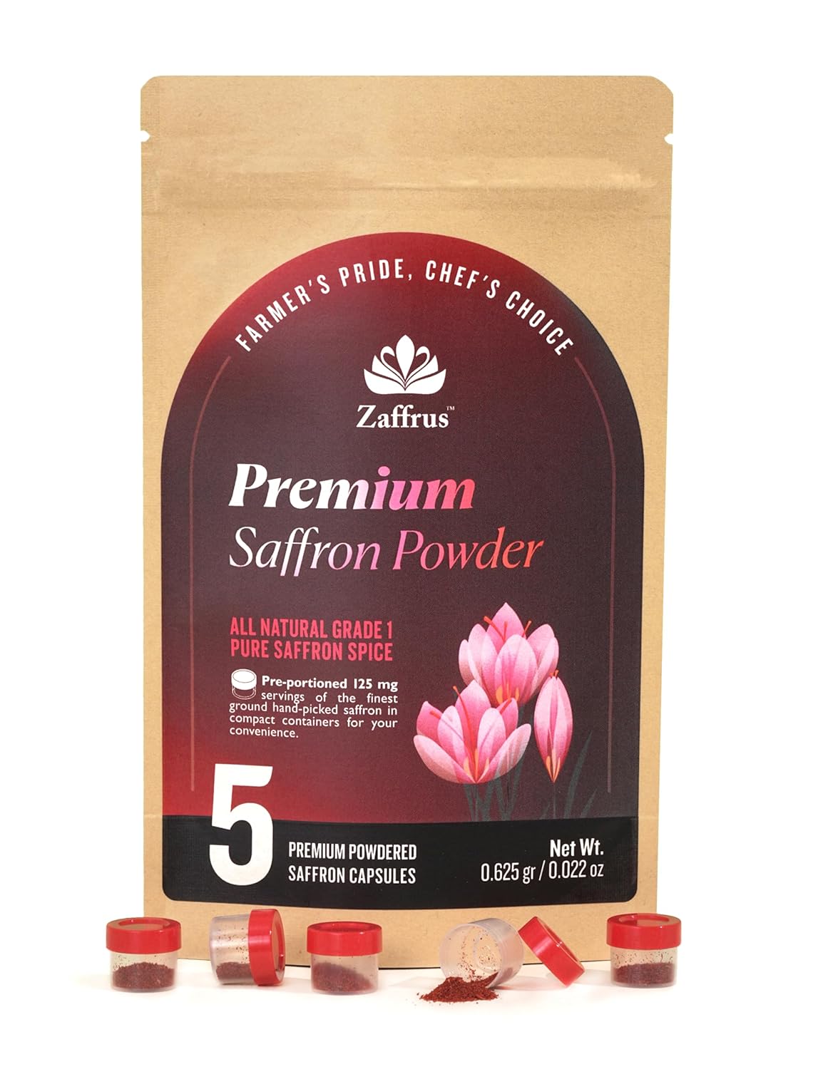 Zaffrus – Polvo de azafrán prémium para cocinar, atletas, fanáticos de bebidas especiales – Paquete de 5 (0.625 gr 0.022 oz)