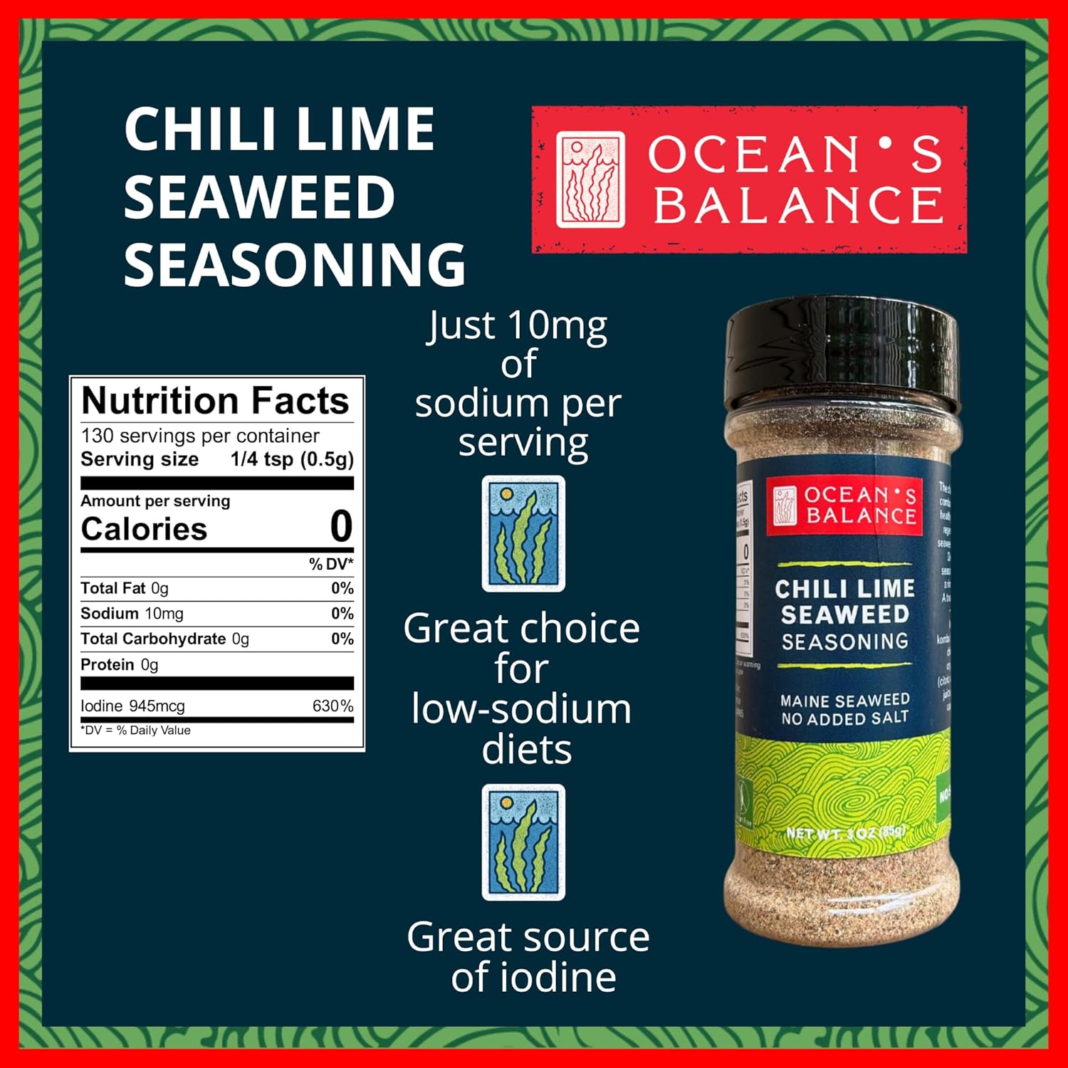 Ocean Balance – Condimento de algas con chile y lima, algas marinas de la costa de Maine – Polvo de algas marinas, ideal para pescado, tostadas de