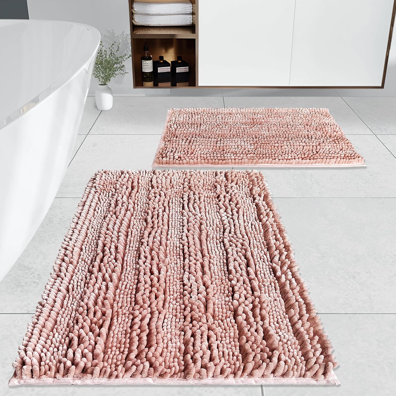 RULLENY Juego de 2 alfombras de baño peludas y peludas, tapetes de baño de felpilla de lujo, antideslizantes, superabsorbentes, lavables, 20 x 31