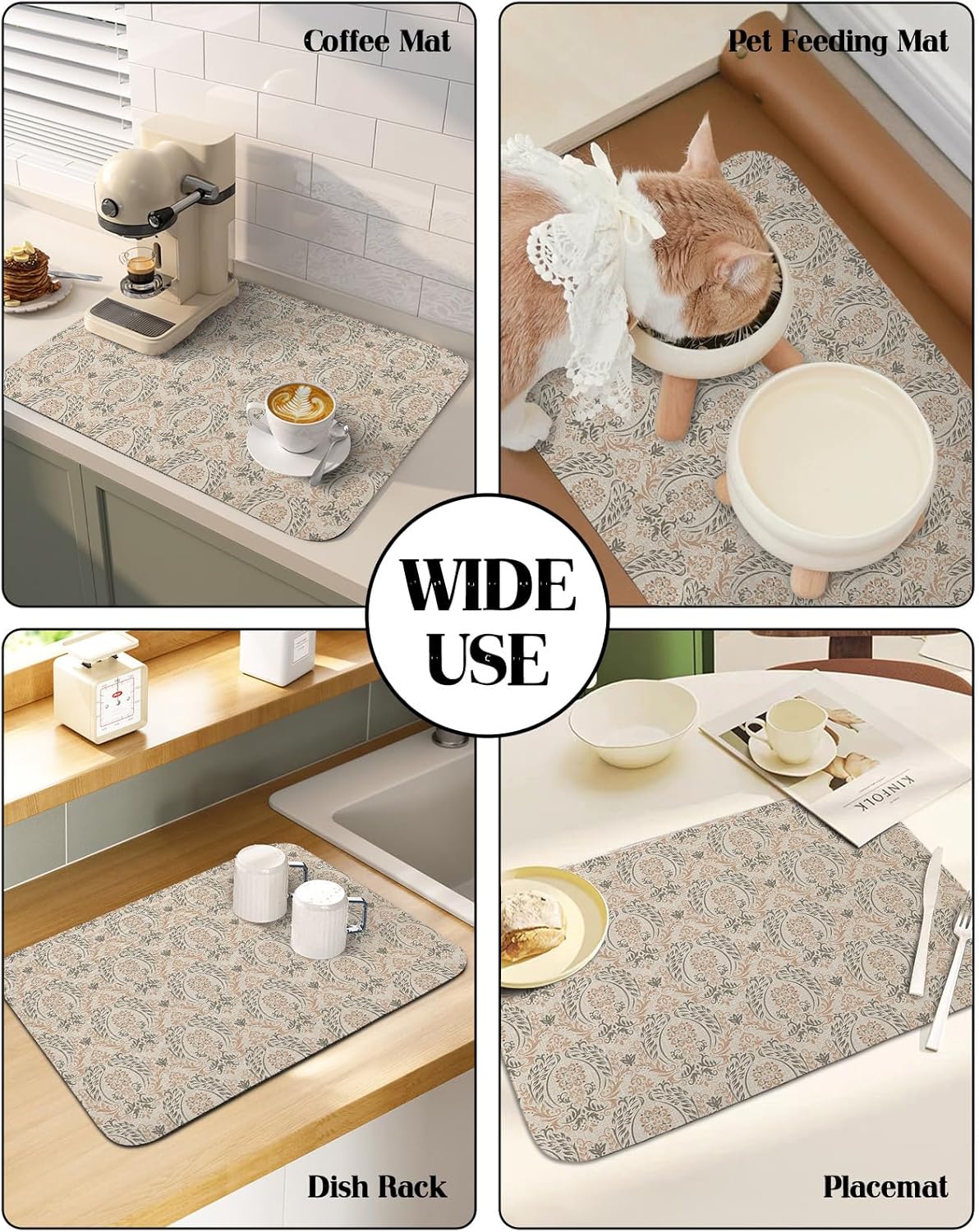 Tapete de secado de platos con patrón étnico gris beige para encimera de cocina, súper absorbente, de secado rápido, tapete delgado para fregadero