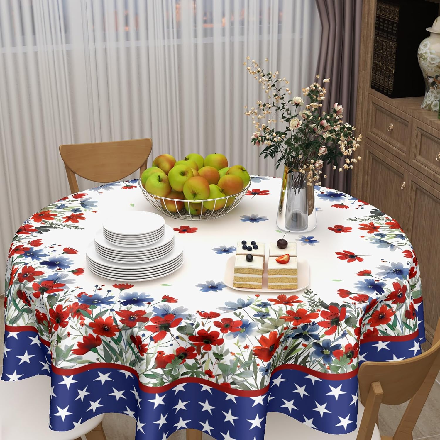 Mantel redondo para el 4 de julio, 60 pulgadas, diseño de acuarela rojo y azul, floral, patriótico, Día de la Independencia, Día de los Caídos,