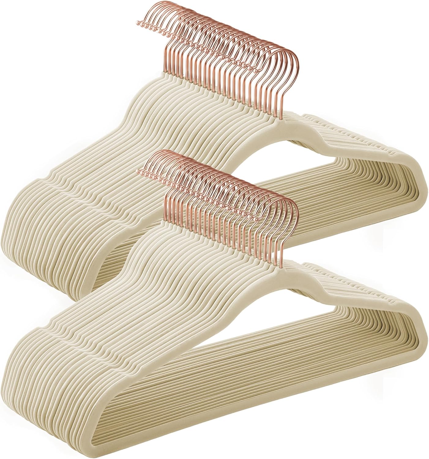 SONGMICS Paquete de 50 perchas de terciopelo antideslizantes con ganchos giratorios de color oro rosa, perchas delgadas que ahorran espacio, perchas
