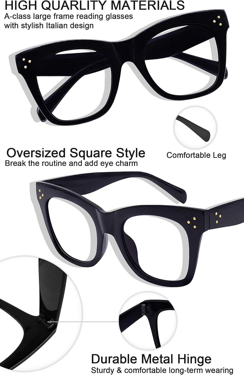 MARE AZZURO Lentes de lectura de gran tamaño para mujer, a la moda, grandes lectores 0 1.0 1.25 1.5 1.75 2.0 2.25 2.5 2.75 3.0 3.5 4.0 5.0 6.0