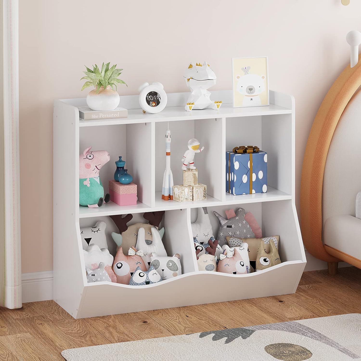 Estantería de juguetes y estantería para niños y niñas, estante múltiple con organizador de cubos para almacenamiento de libros y juguetes, para