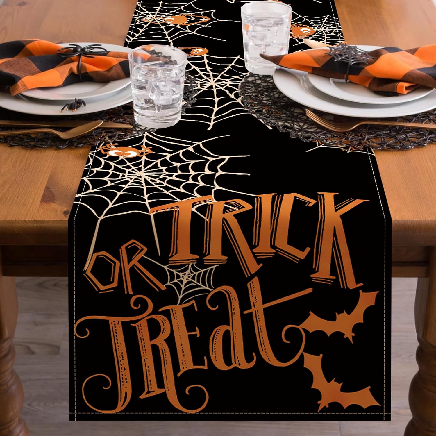 Seliem Camino de mesa de Halloween con texto en inglés “Trick or Treat”, diseño de murciélago de telaraña, negro, divertido decoración de mesa de