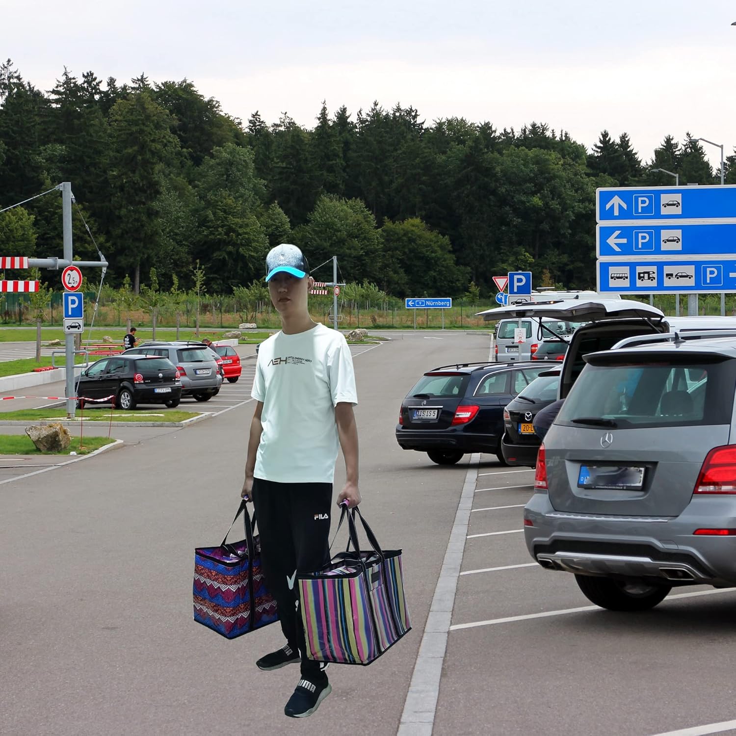 DEMOMENT Bolsa de asas de compras duradera reutilizable con bolsillos para cocina, supermercado, camping, playa, almacenamiento