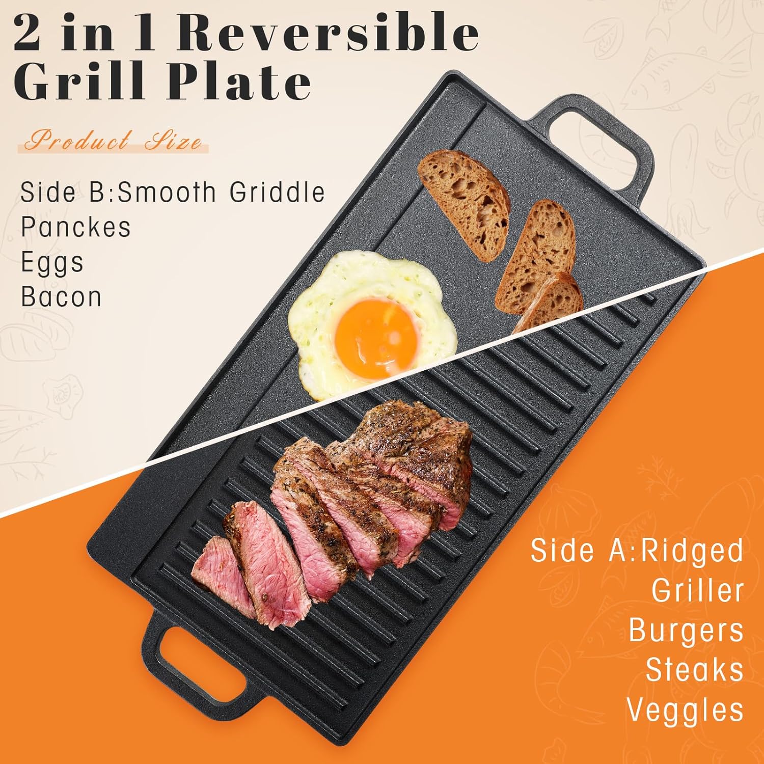 Mifoci Plancha de hierro fundido de 19.7 x 9.1 pulgadas con asas, placa de parrilla reversible 2 en 1 con guantes de protección térmica de silicona,