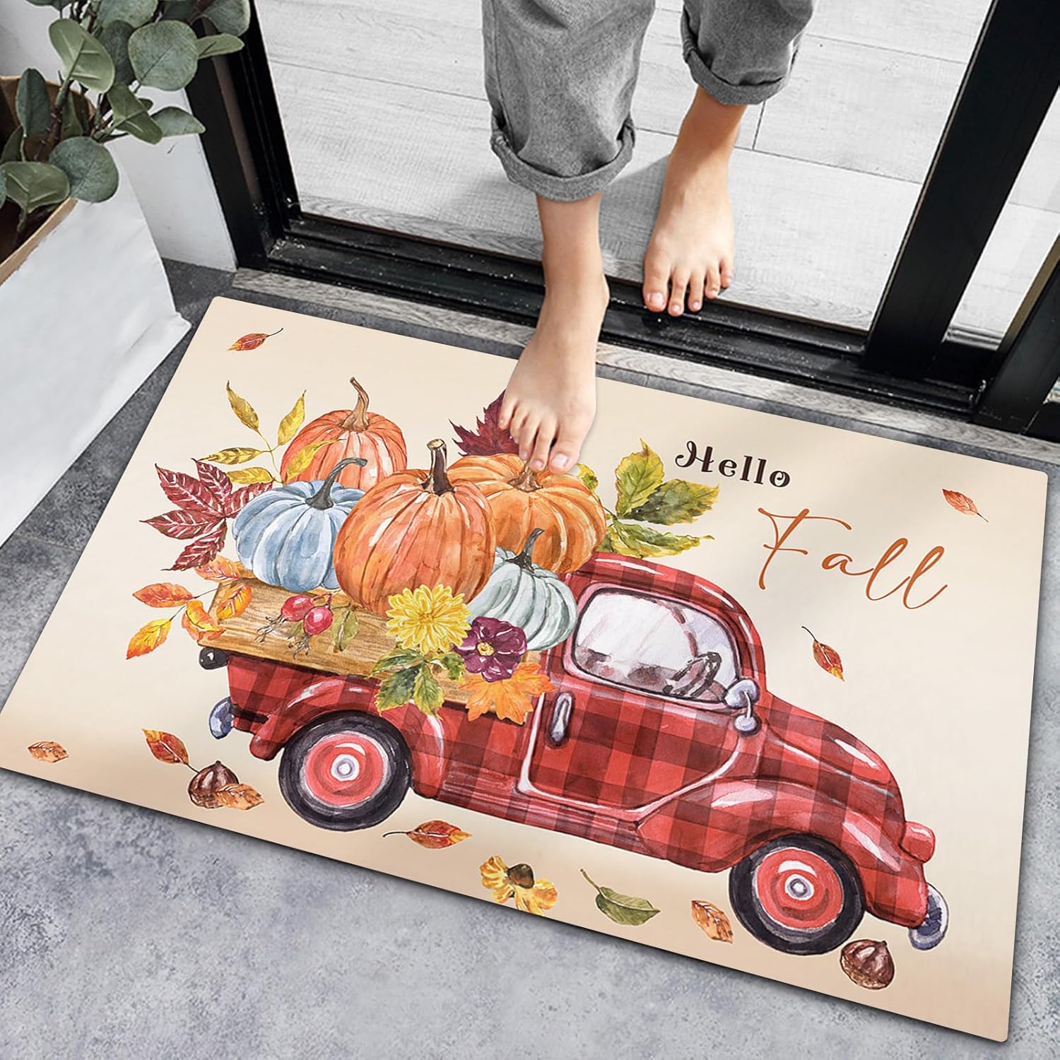 Bath Rugs Entrance Non Slip Front Door Mat Truck Fall Watercolor Maple Leaf Kitchen Carpets Thanksgiving Pumpkin Farm Harvest Floor Mats for