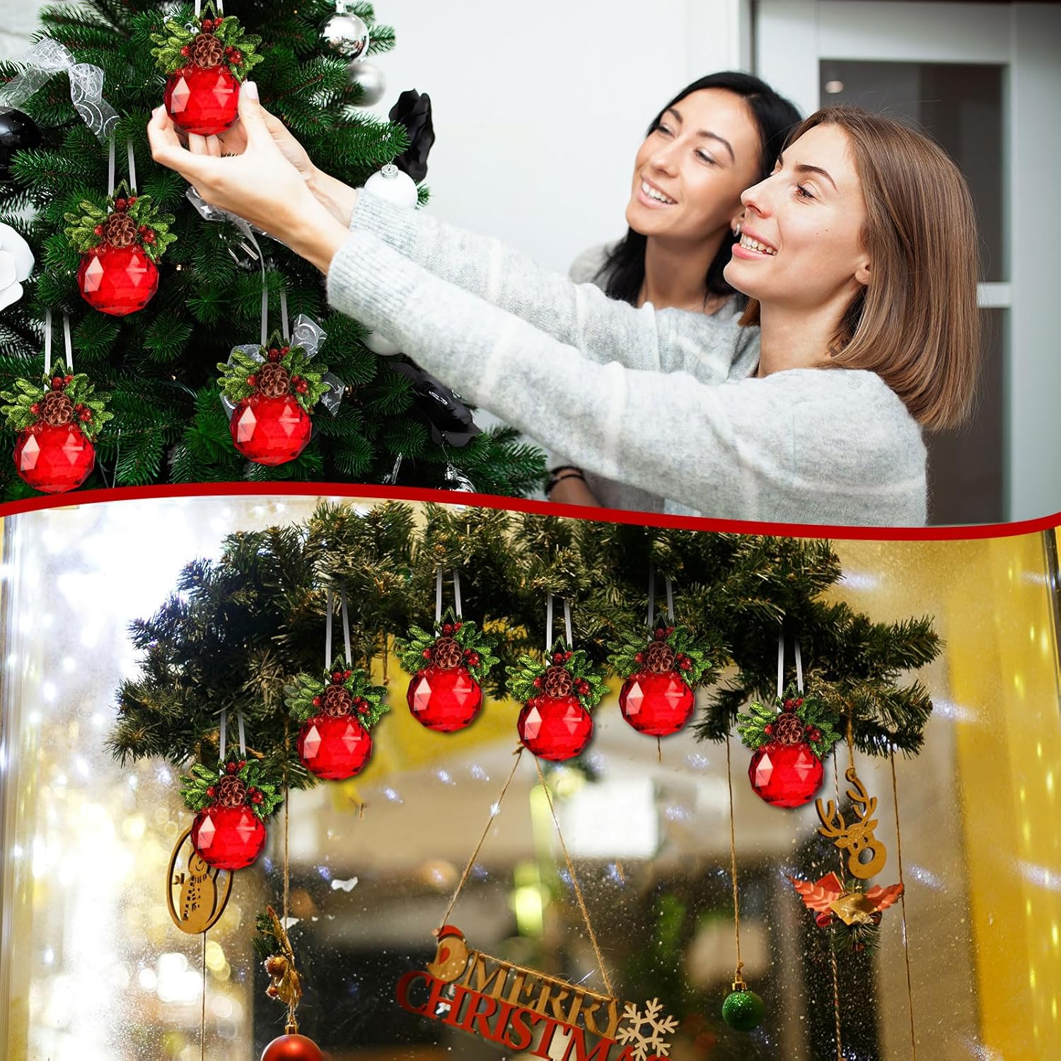 Yuxung 6 piezas de adornos de Navidad de cristal de muérdago de 3 pulgadas, joya roja, boda, Navidad, bola de besos de acrílico, adorno colgante de