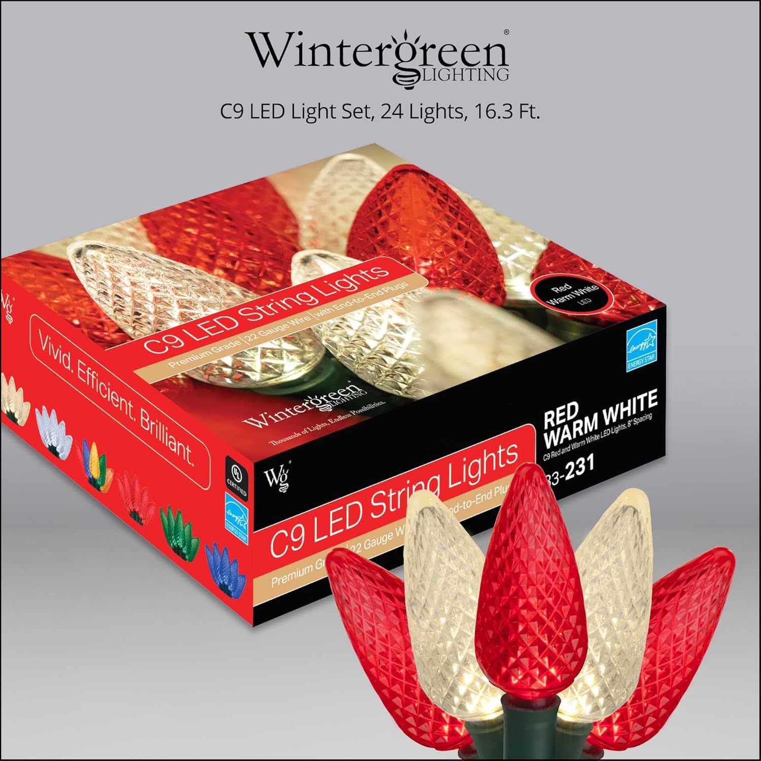 Wintergreen Lighting C9 – Juego de 24 luces de Navidad rojas y blancas, 16.3 pies, luces LED de Navidad rojas, blancas cálidas para interiores y