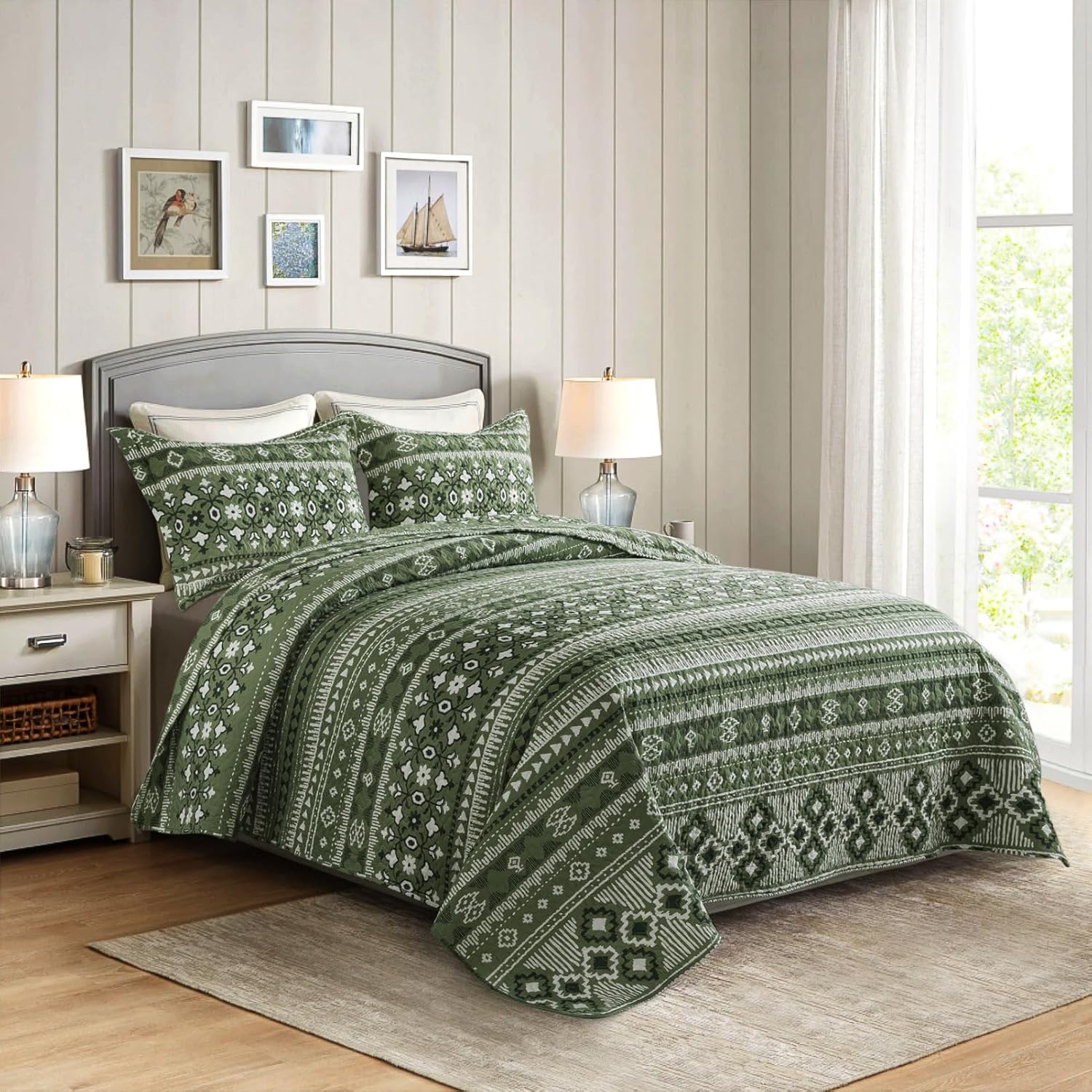 TWINRUN Juego de ropa de cama bohemio tamaño Queen, edredón bohemio verde, colcha ligera tamaño Queen con estampado de rayas geométricas (90 x 98