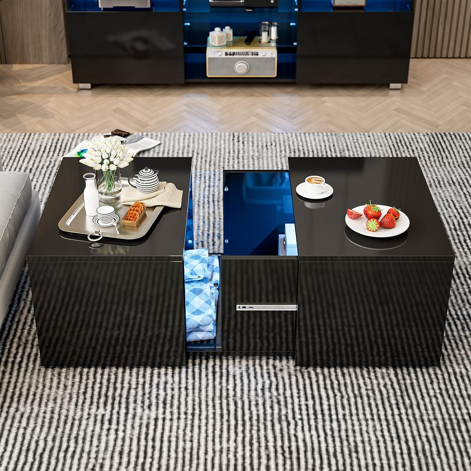 Moderna mesa de centro LED con compartimento oculto retráctil, tamaño pequeño, mesa auxiliar de almacenamiento de sofá de alto brillo para sala de