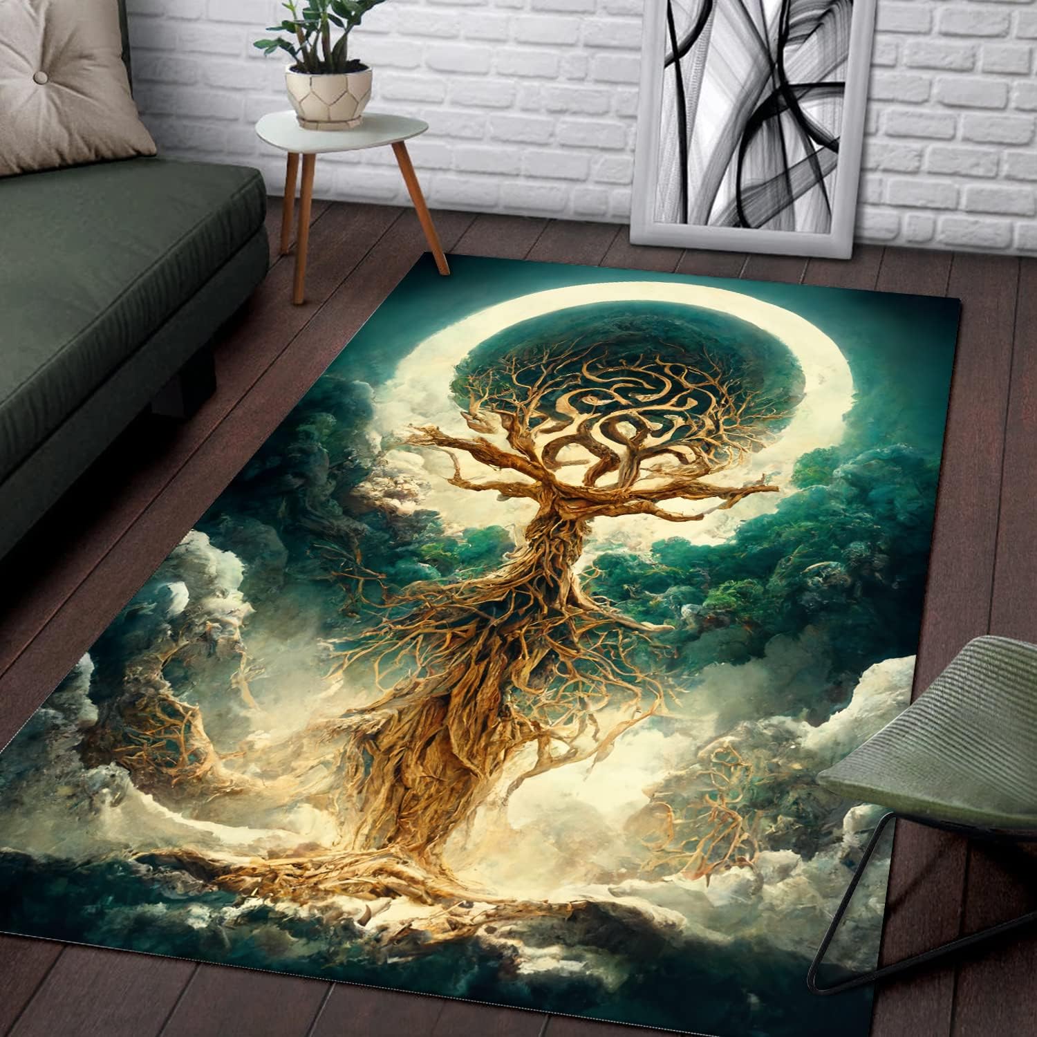 Alfombra vikinga para dormitorio, sala de estar, regalo para amantes de la mitología nórdica, alfombra de área de acuarela del árbol de la vida para