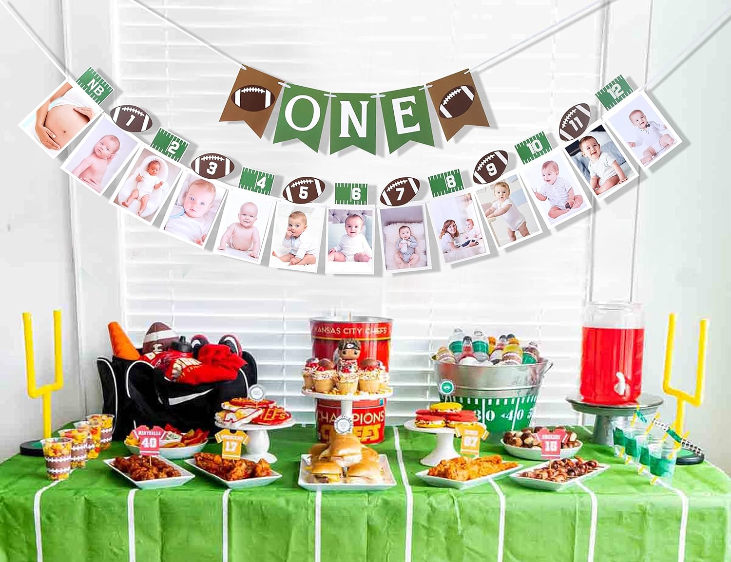Cartel de fútbol de primer cumpleaños  Decoraciones de primer cumpleaños de fútbol americano, pancarta de fotos de fútbol de 12 meses, pancarta de