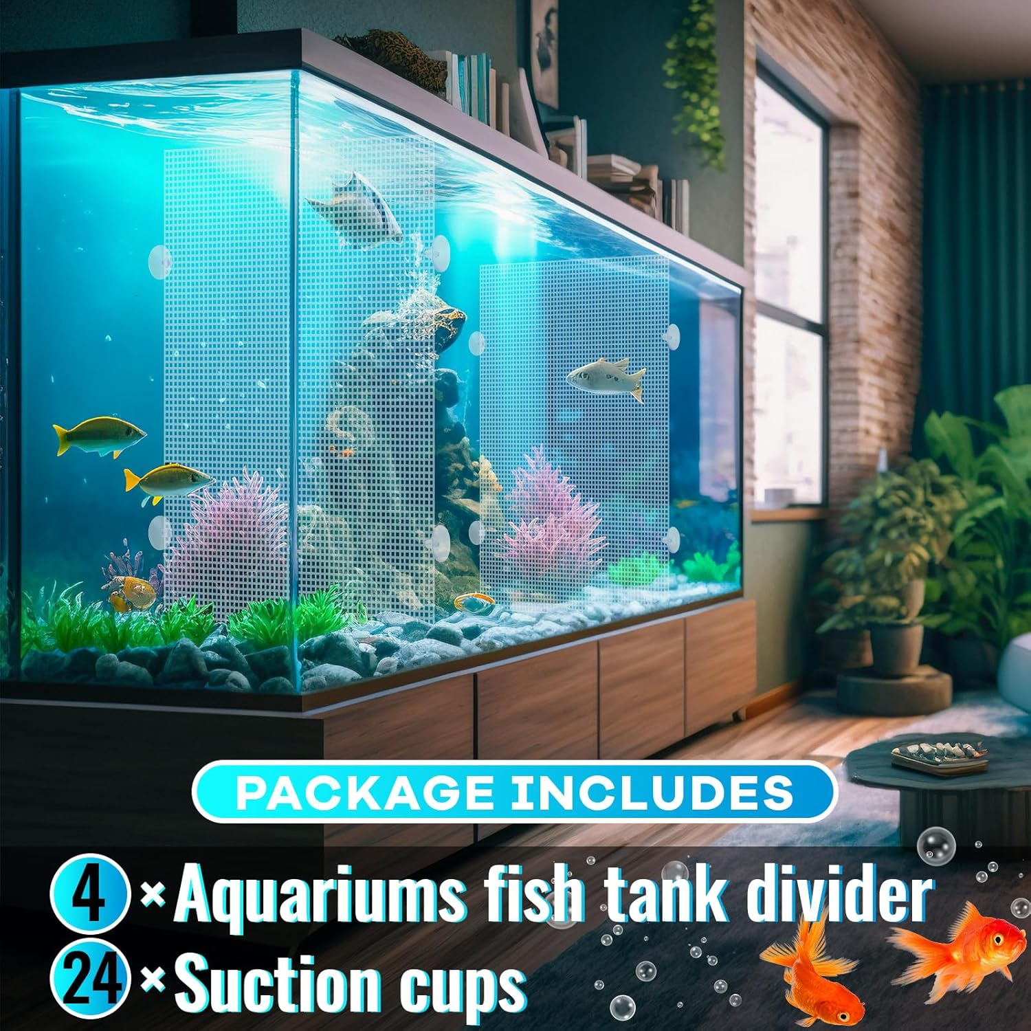 Divisor de tanque de peces de plástico para acuario, 4 unidades, placa de rejilla cortable, separador de pecera con 24 ventosas de acuario para